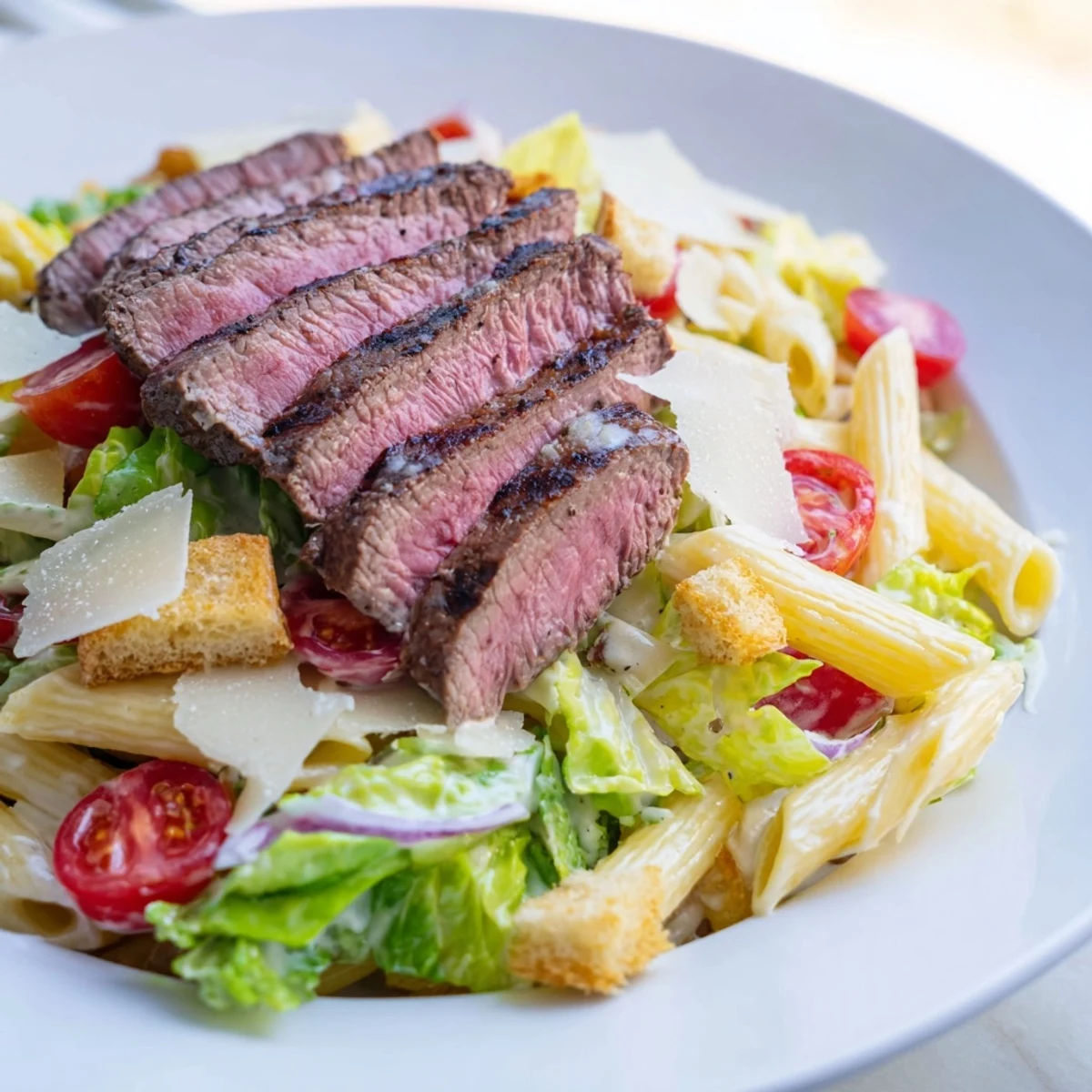 Sliced grilled sirloin atop creamy Caesar dressed pasta salad with crunchy croutons and cherry tomatoes.