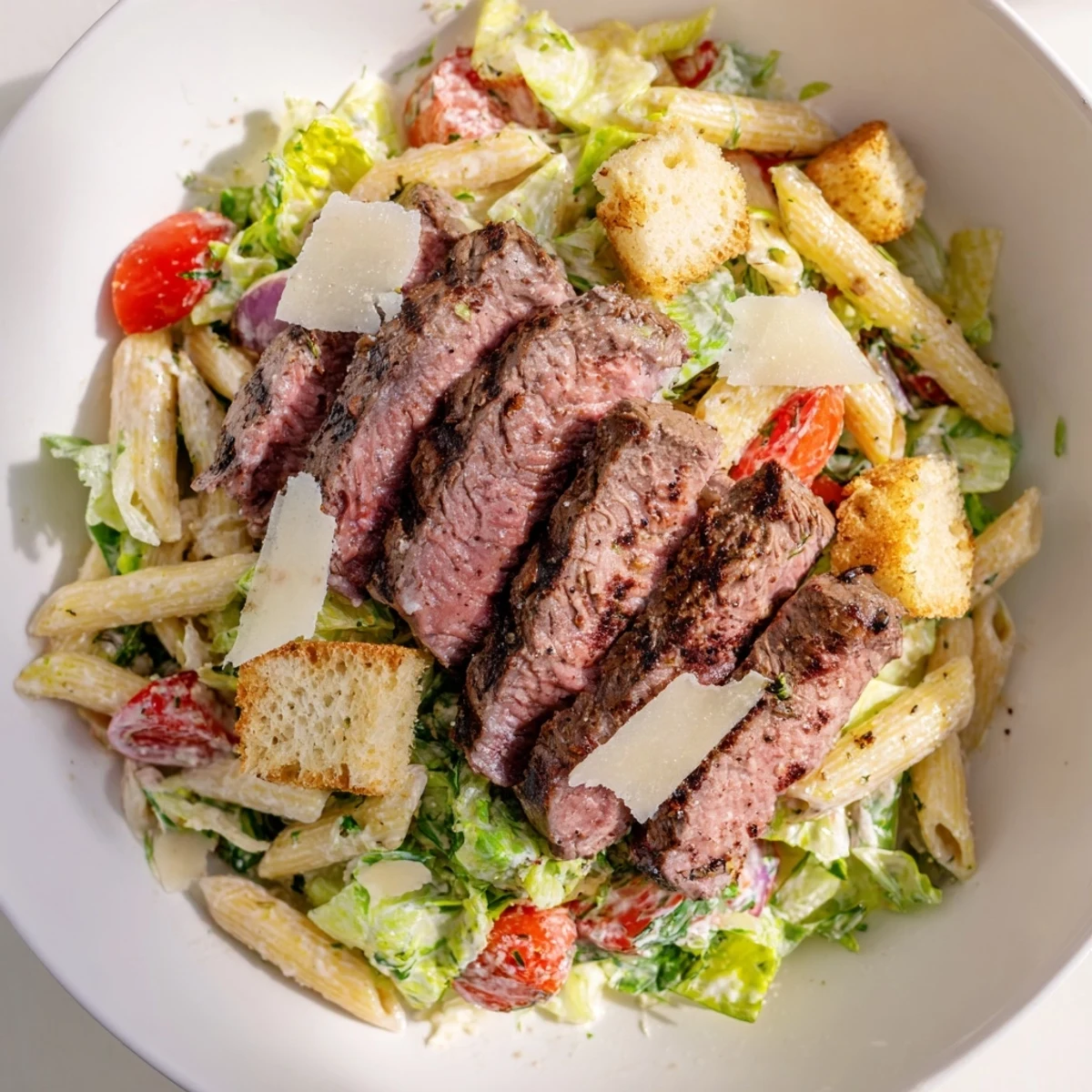 Tossed Flavorful Steak Caesar Pasta Salad featuring al dente pasta, romaine, and shaved Parmesan for a hearty meal.