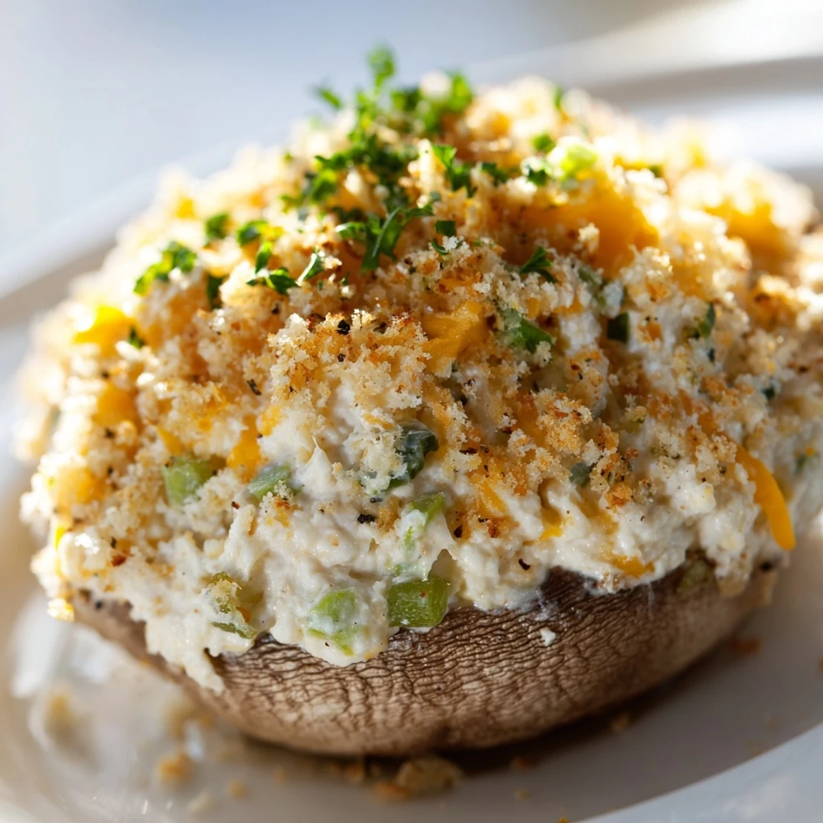 Golden-baked Mozzarella Popper Stuffed Mushrooms with melted cheddar and spices on a serving platter.