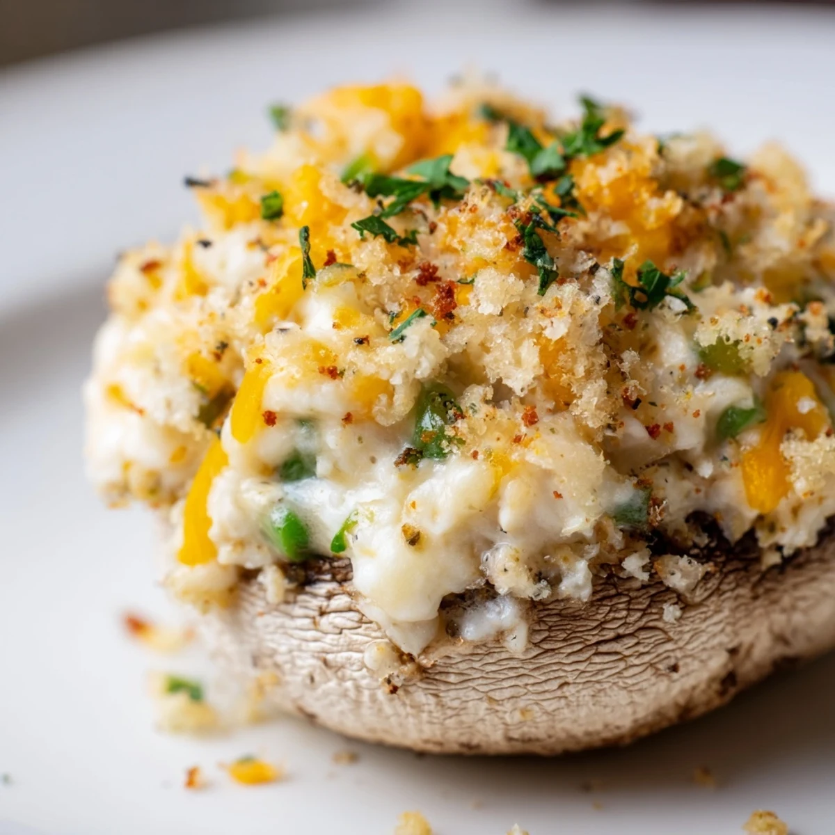 A close-up of Mozzarella Popper Stuffed Mushrooms with creamy filling and golden breadcrumbs topping.
