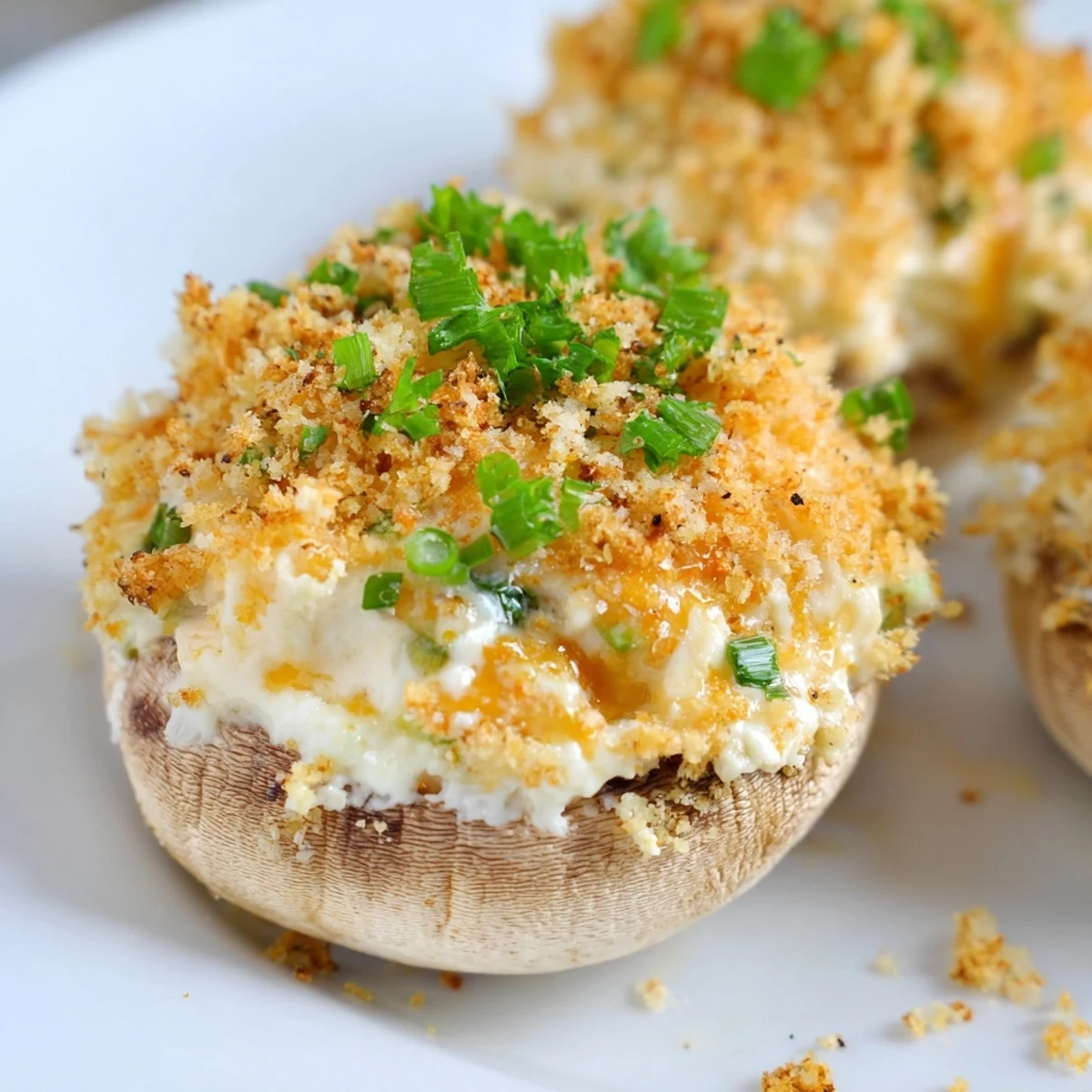 Appetizer plate featuring Mozzarella Popper Stuffed Mushrooms served warm with fresh parsley garnish.