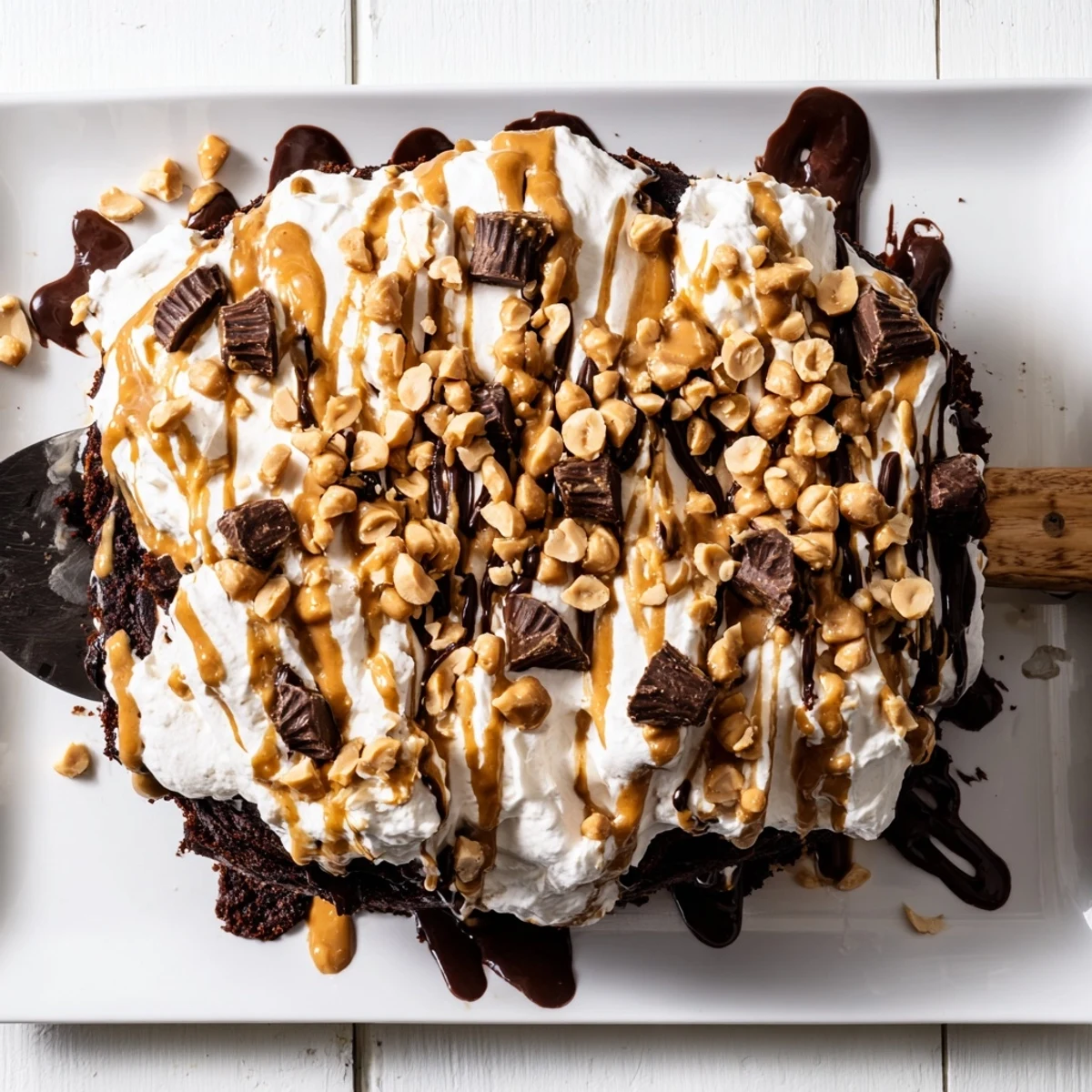 Chocolate Peanut Butter Poke Cake topped with whipped cream and chopped peanuts, drizzled with rich chocolate sauce.