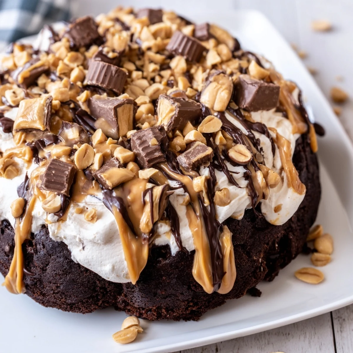 Decadent chocolate cake soaked with peanut butter pudding, served chilled on a white plate for a celebration.