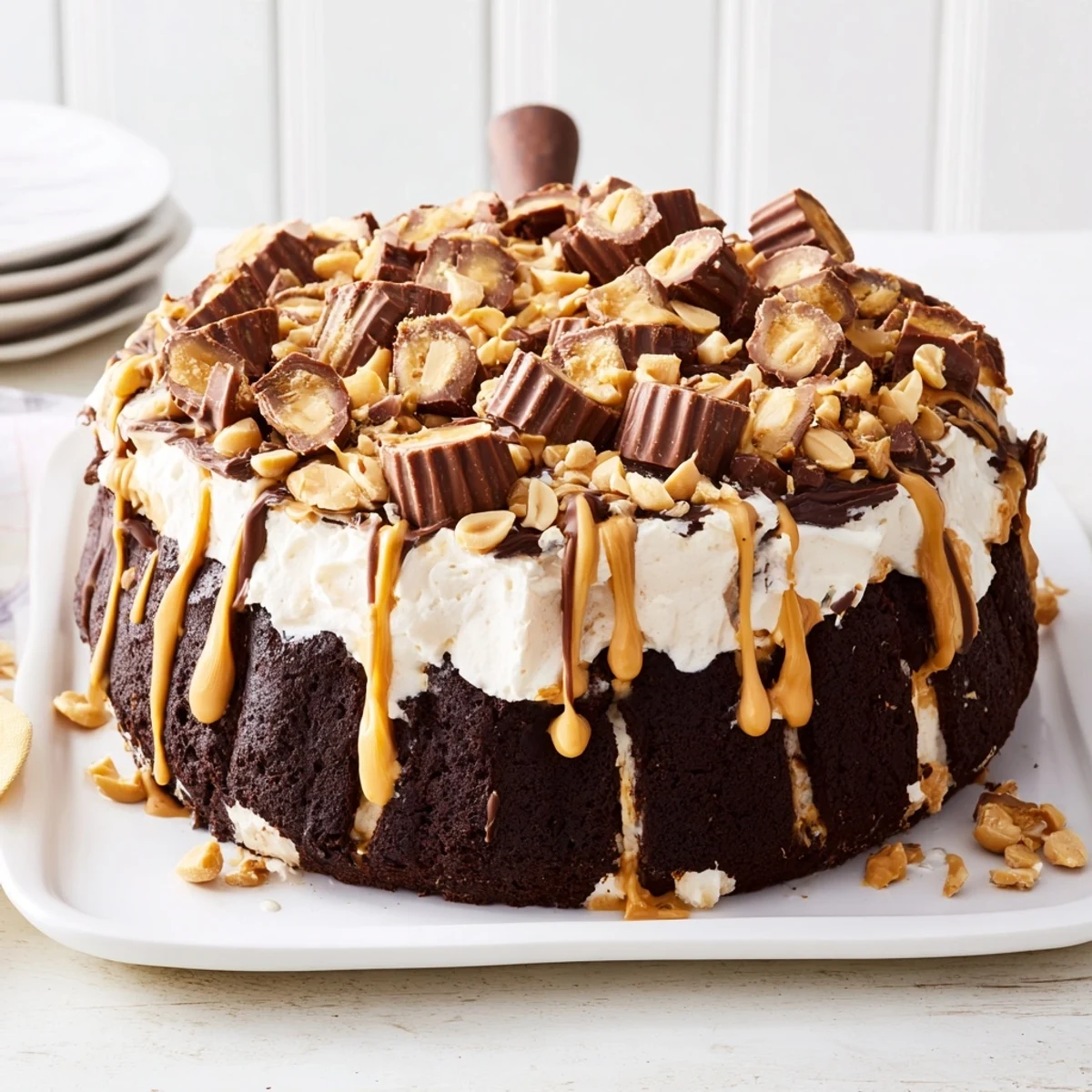 Moist Chocolate Peanut Butter Poke Cake with layers of creamy filling and chocolate drizzle, perfect for dessert.