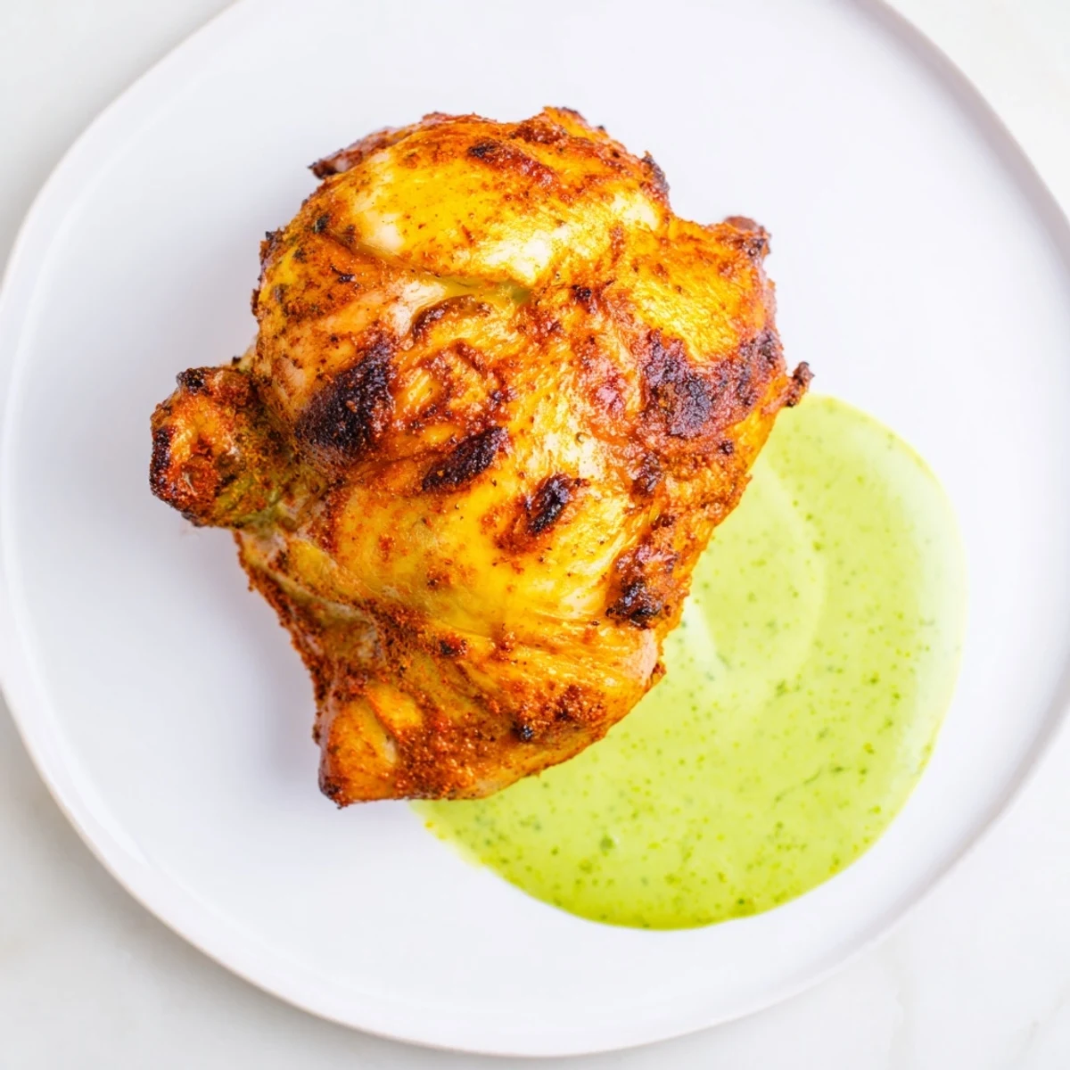 Golden-brown Peruvian Roast Chicken with Creamy Green Sauce rests on a cutting board, garnished with fresh cilantro and lime wedges for a zesty serving suggestion.