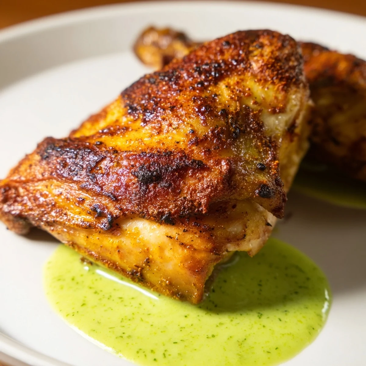 Juicy sliced Peruvian Roast Chicken with Creamy Green Sauce highlights tender meat and crispy skin, paired with roasted potatoes on a rustic wooden table.