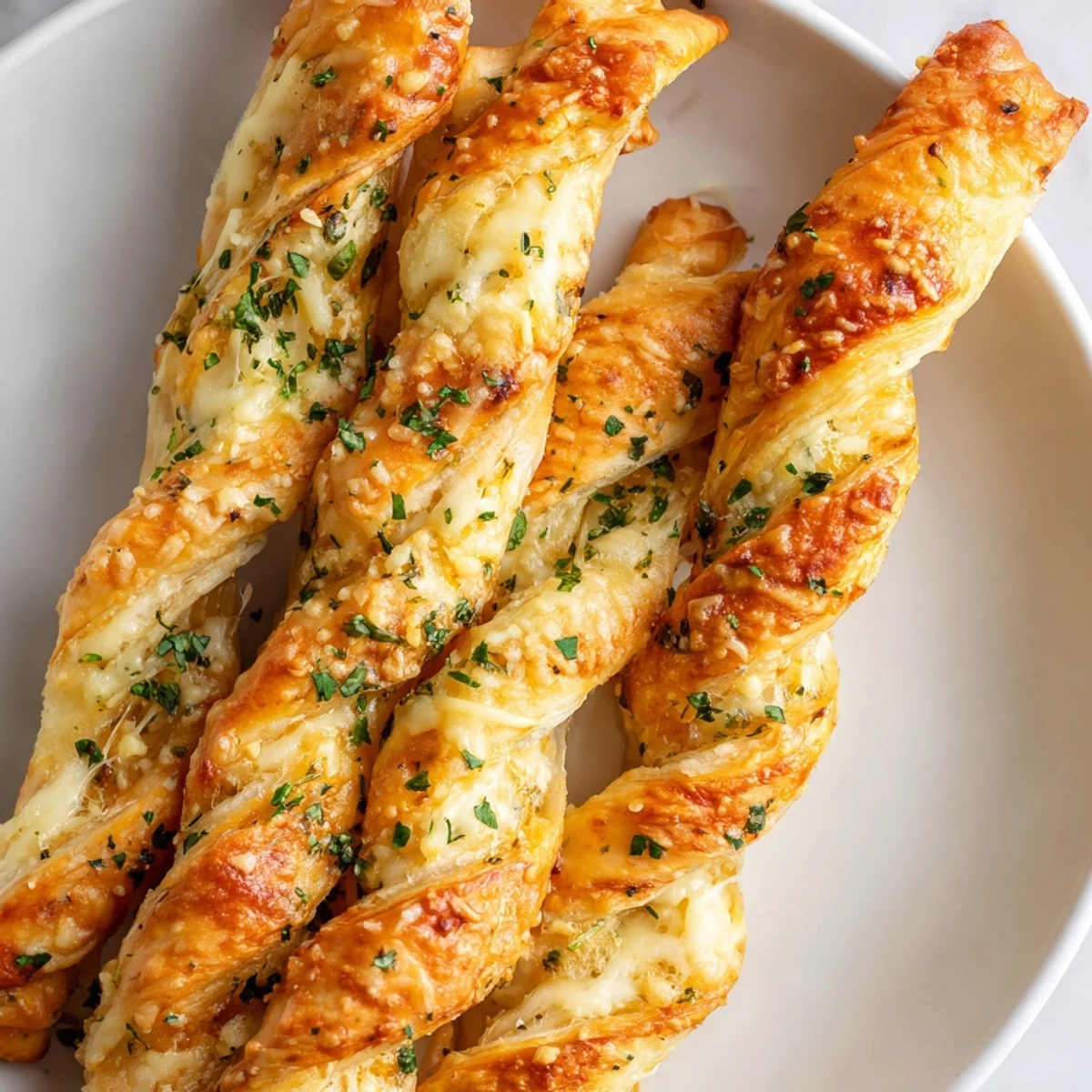 Crispy Air Fryer Pizza Cheese Bread Twists with golden, melted cheese and herbs. 