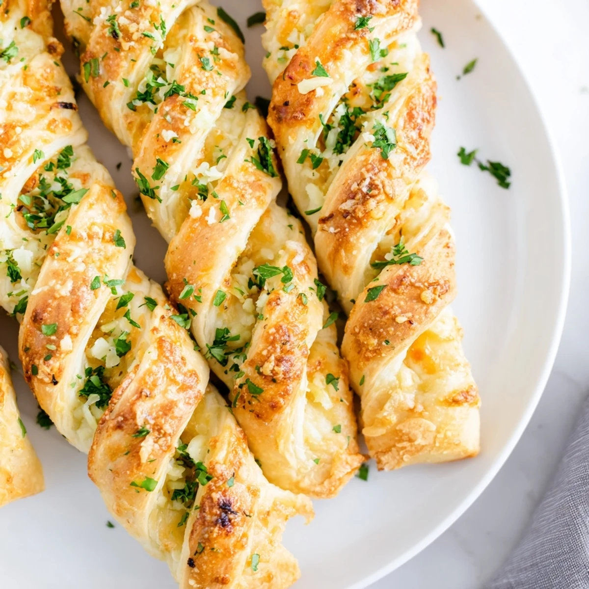 Easy Crispy Air Fryer Pizza Cheese Bread Twists garnished with fresh parsley and garlic butter.