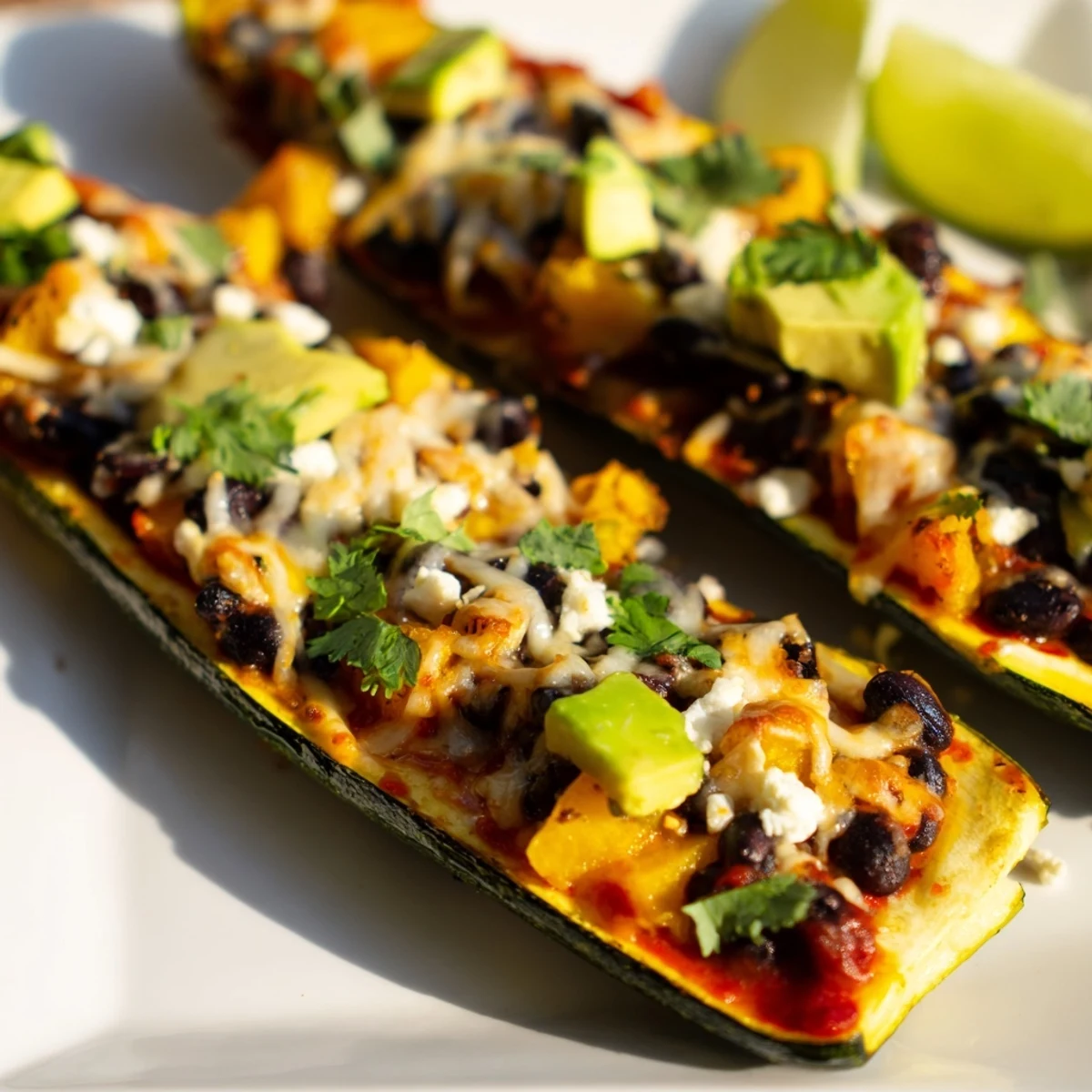 Roasted butternut squash and black beans fill zucchini boats in this Black Bean and Butternut Squash Enchilada Boats recipe, topped with melted cheese and fresh cilantro.