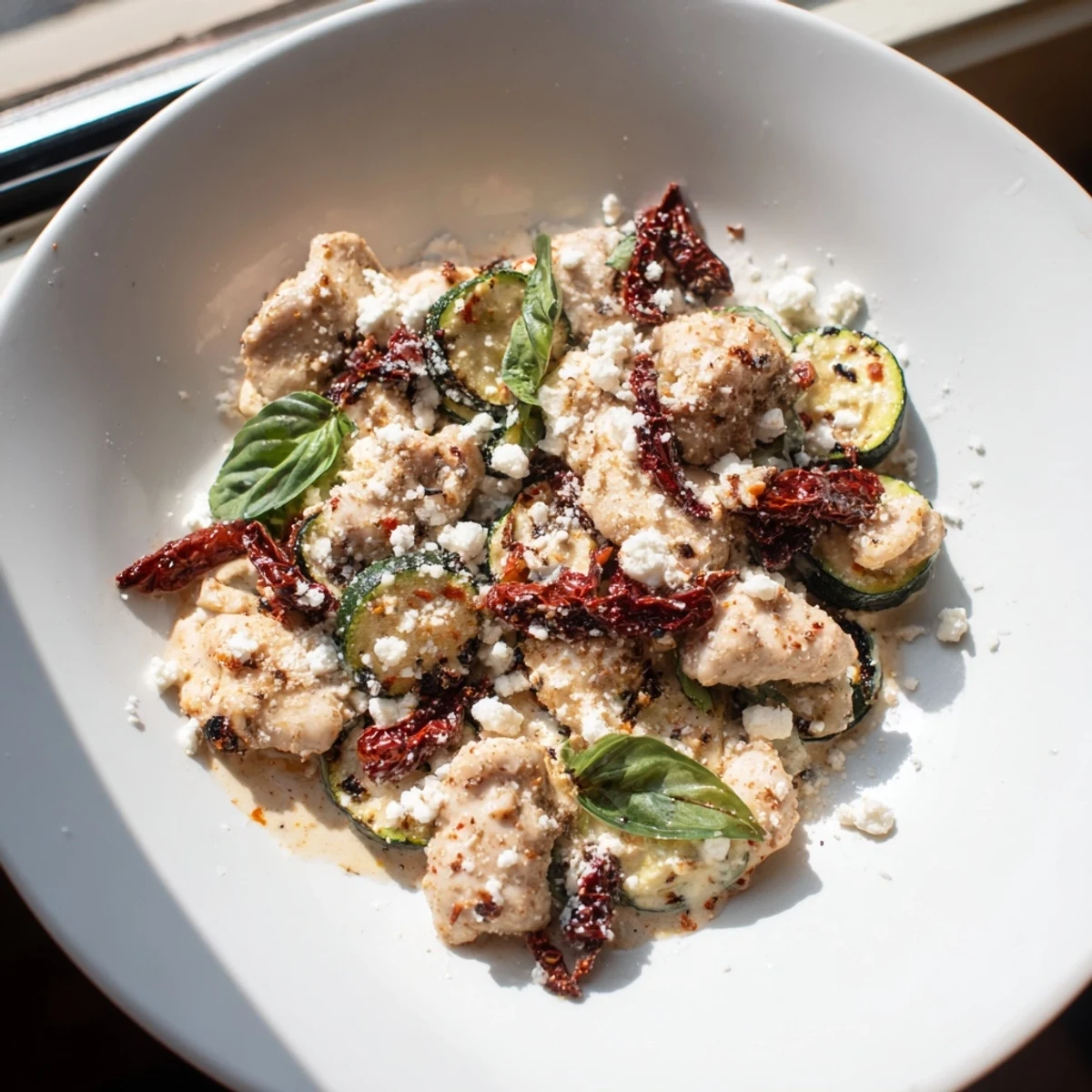 Savory Marry Me Mediterranean Chicken Zucchini Bake emerges golden and bubbly from the oven.