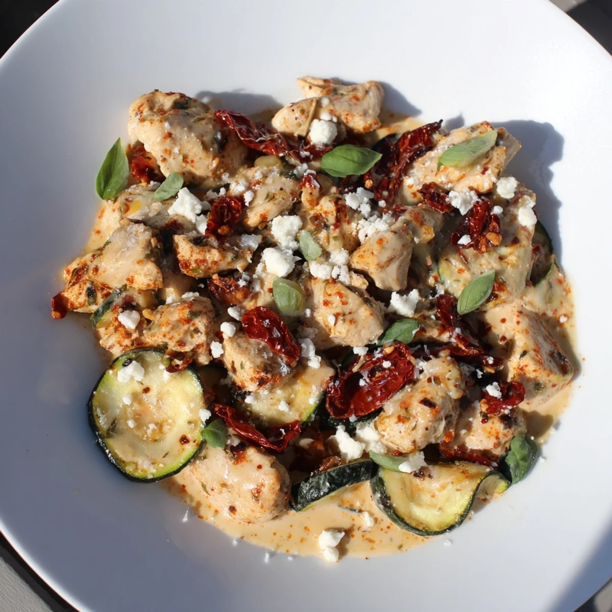 Juicy chicken pieces and sliced zucchini bake in a creamy Mediterranean sauce with melted cheese.