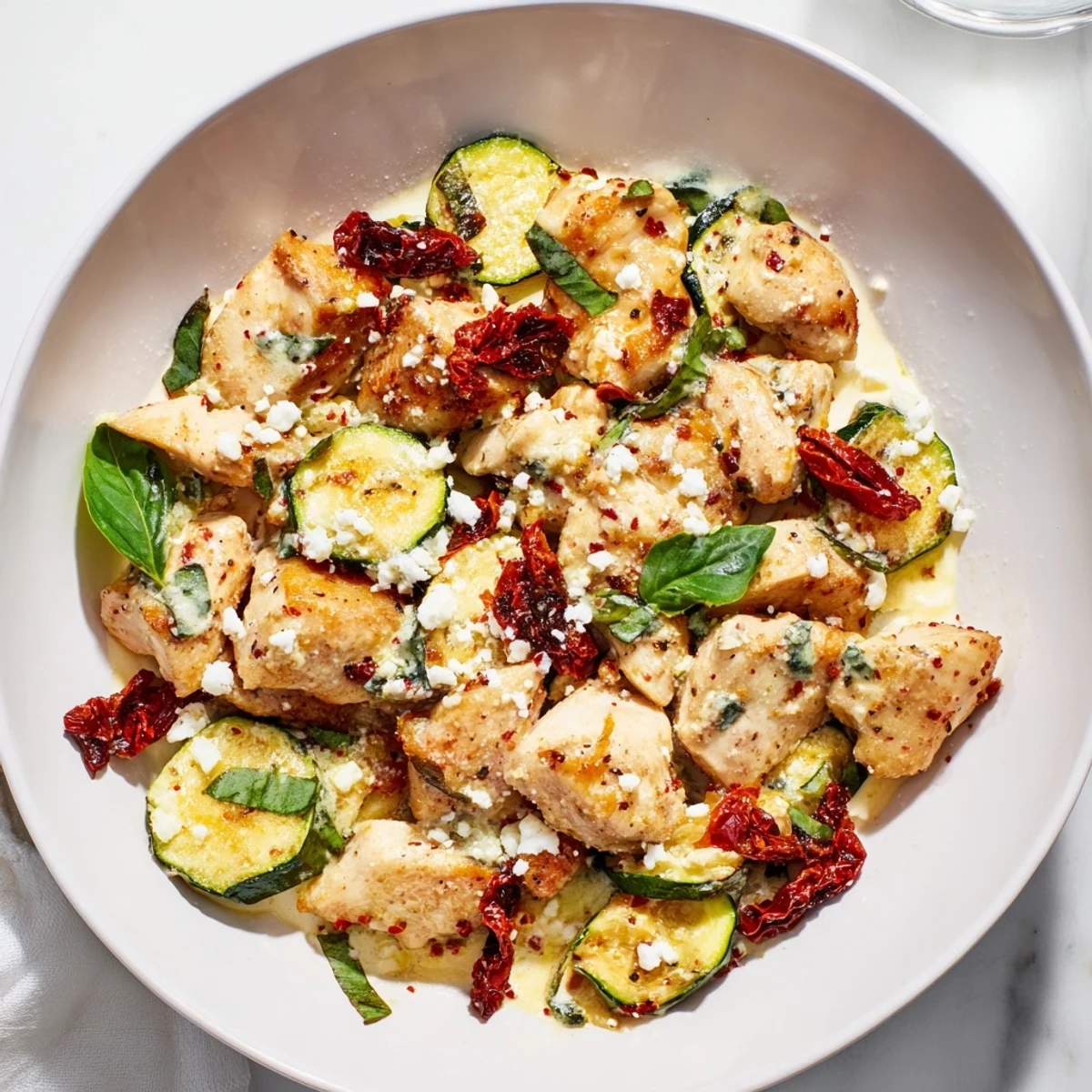 Tender chicken and zucchini are layered with sun-dried tomatoes and topped with feta and mozzarella.