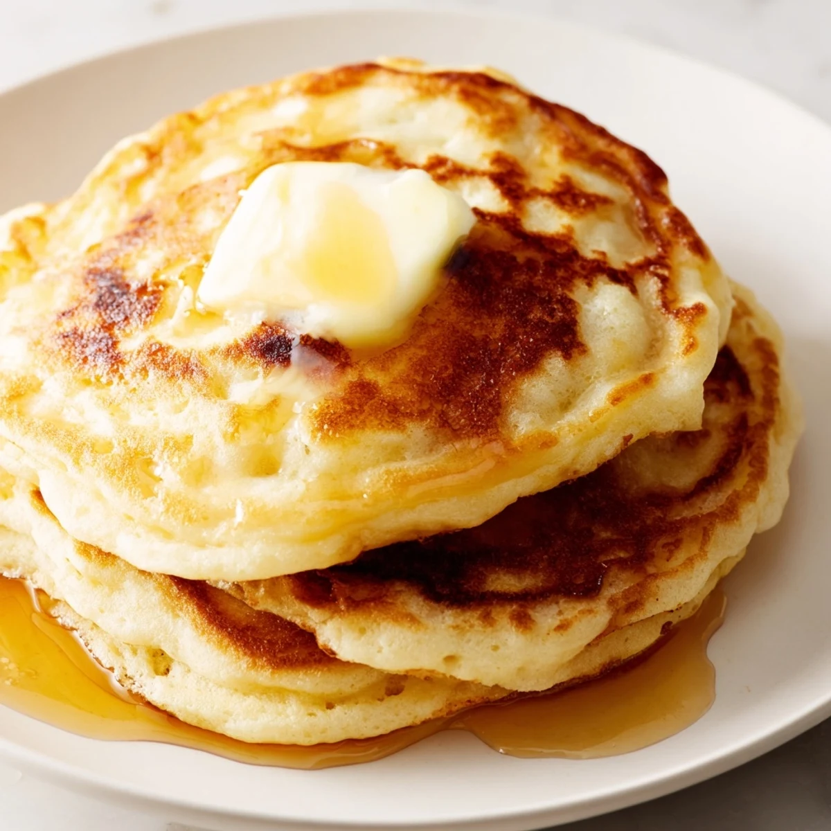 Golden-brown Sourdough Discard Pancakes stacked high with melted butter and a drizzle of pure maple syrup.