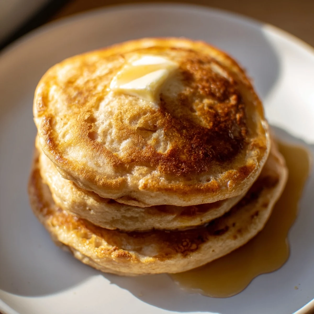 A close-up of fluffy Sourdough Discard Pancakes topped with fresh berries and a dusting of powdered sugar.
