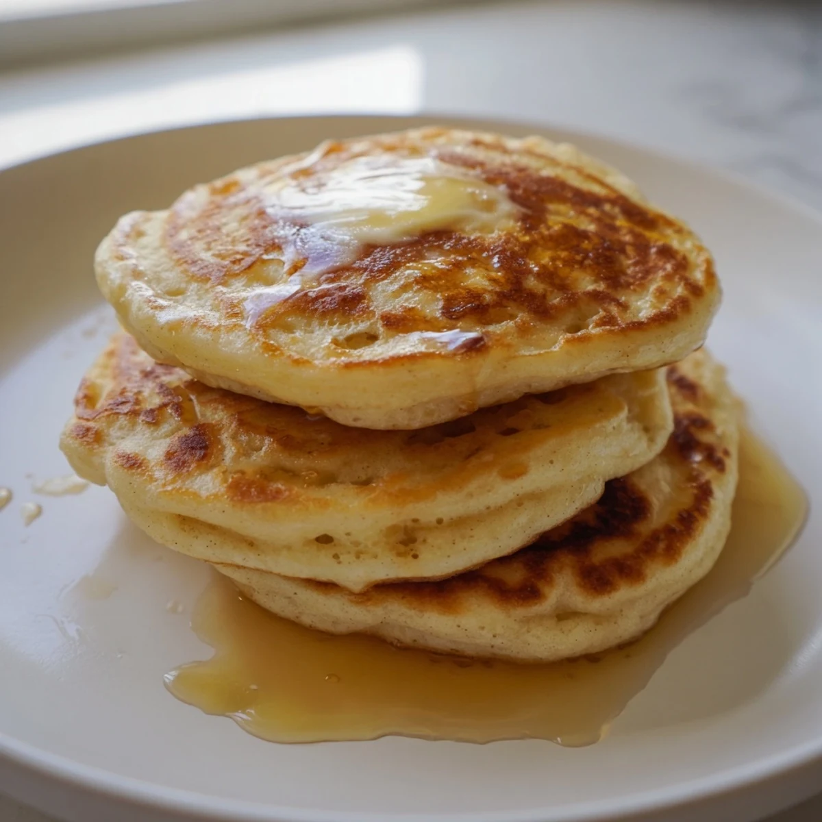 Stack of homemade Sourdough Discard Pancakes served warm with syrup on the side for a perfect breakfast.