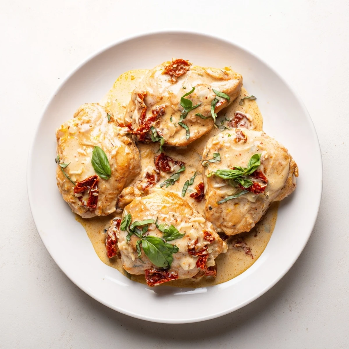 Golden-brown seared chicken breasts nestled in a creamy sun-dried tomato sauce, garnished with fresh basil, ready to serve.