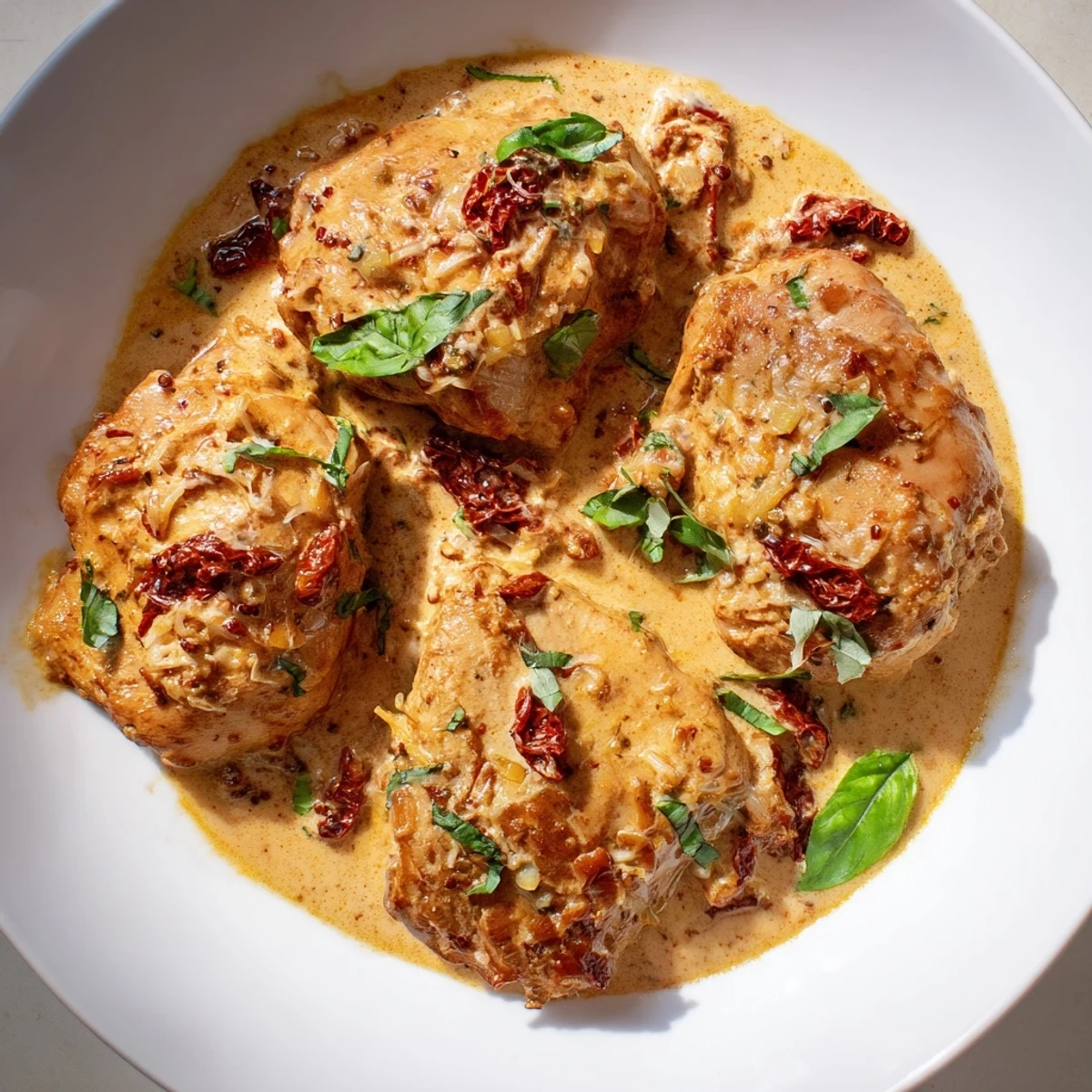 A close-up view of tender chicken covered in a rich Parmesan and sun-dried tomato cream sauce, plated with a side of pasta.