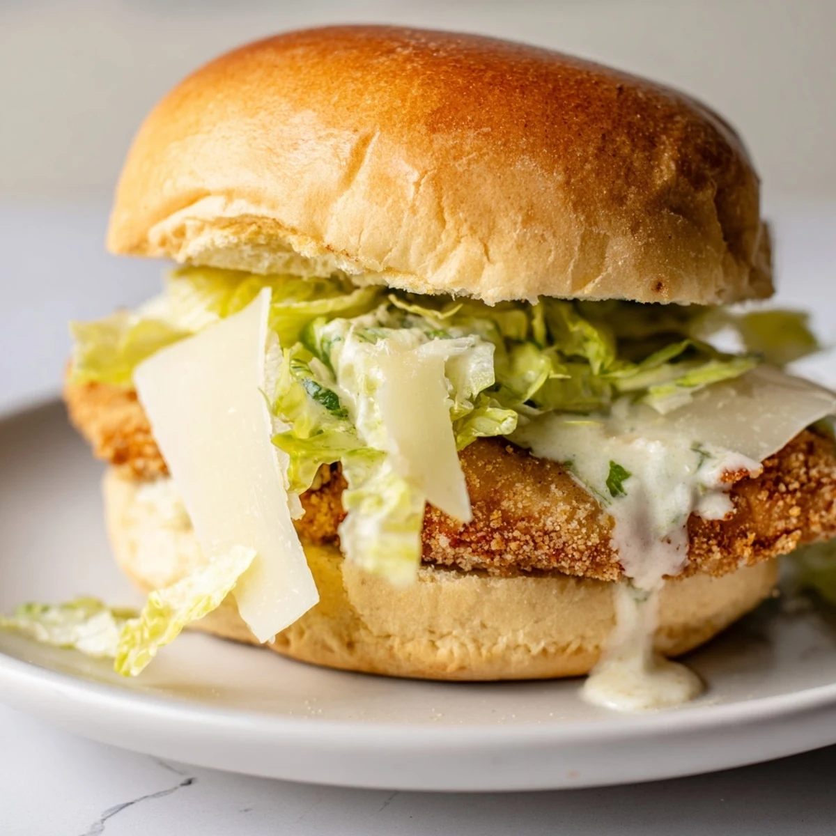 Close-up of a golden-brown Marry Me Crispy Chicken Caesar Sandwich with fresh romaine and shaved Parmesan on a toasted brioche bun.
