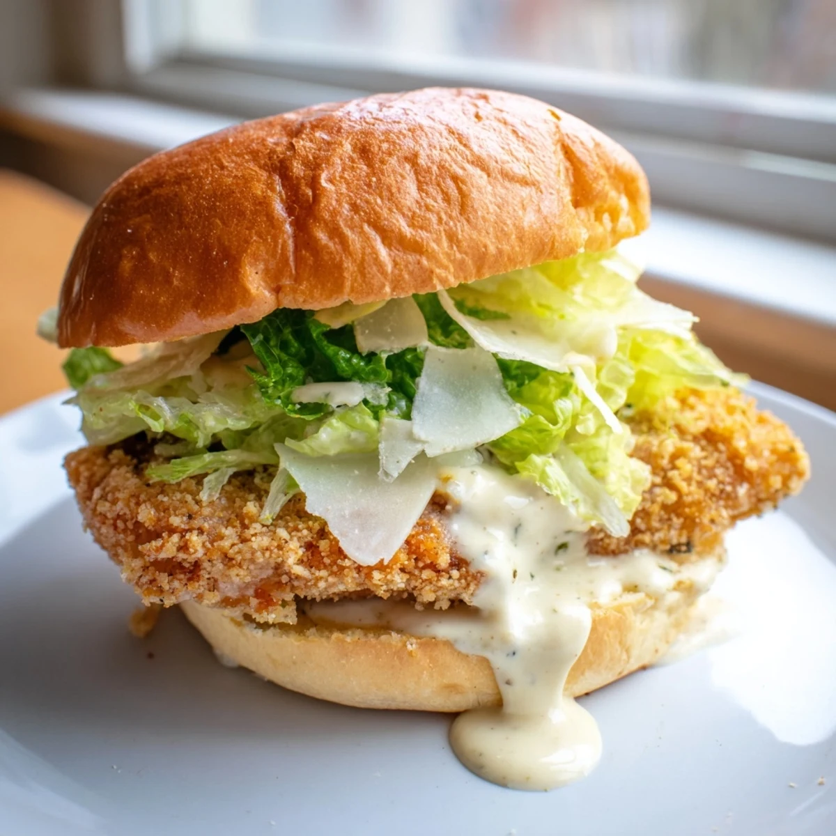 Juicy Marry Me Crispy Chicken Caesar Sandwich with creamy dressing and crisp greens, served on a plate with lemon wedges.