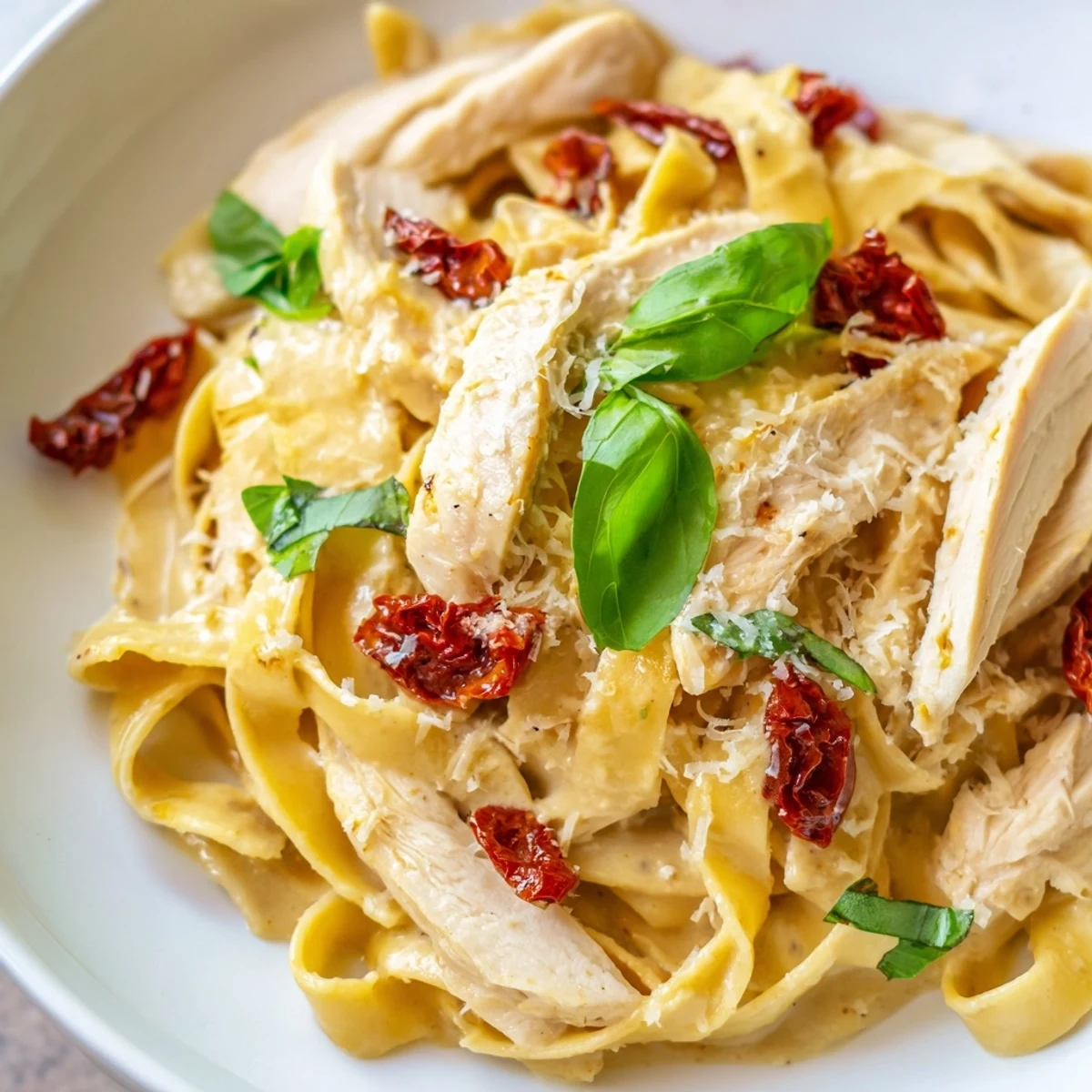 A steaming bowl of Marry Me Garlic Parmesan Chicken Pasta featuring tender chicken and a rich garlic cream sauce.