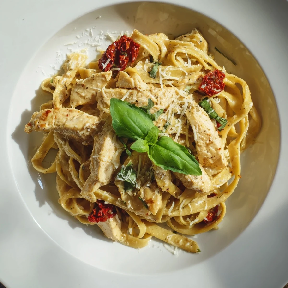 Creamy Marry Me Garlic Parmesan Chicken Pasta with sliced chicken, sun-dried tomatoes, and fresh basil garnish.