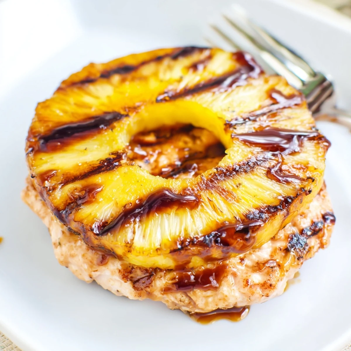 Sizzling Hawaiian Pineapple Chicken Burger served with sweet potato fries on a rustic wooden board.