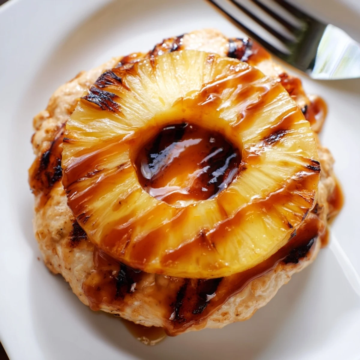A close-up of the Hawaiian Pineapple Chicken Burger topped with crisp lettuce, tomato, and tangy teriyaki sauce. 
