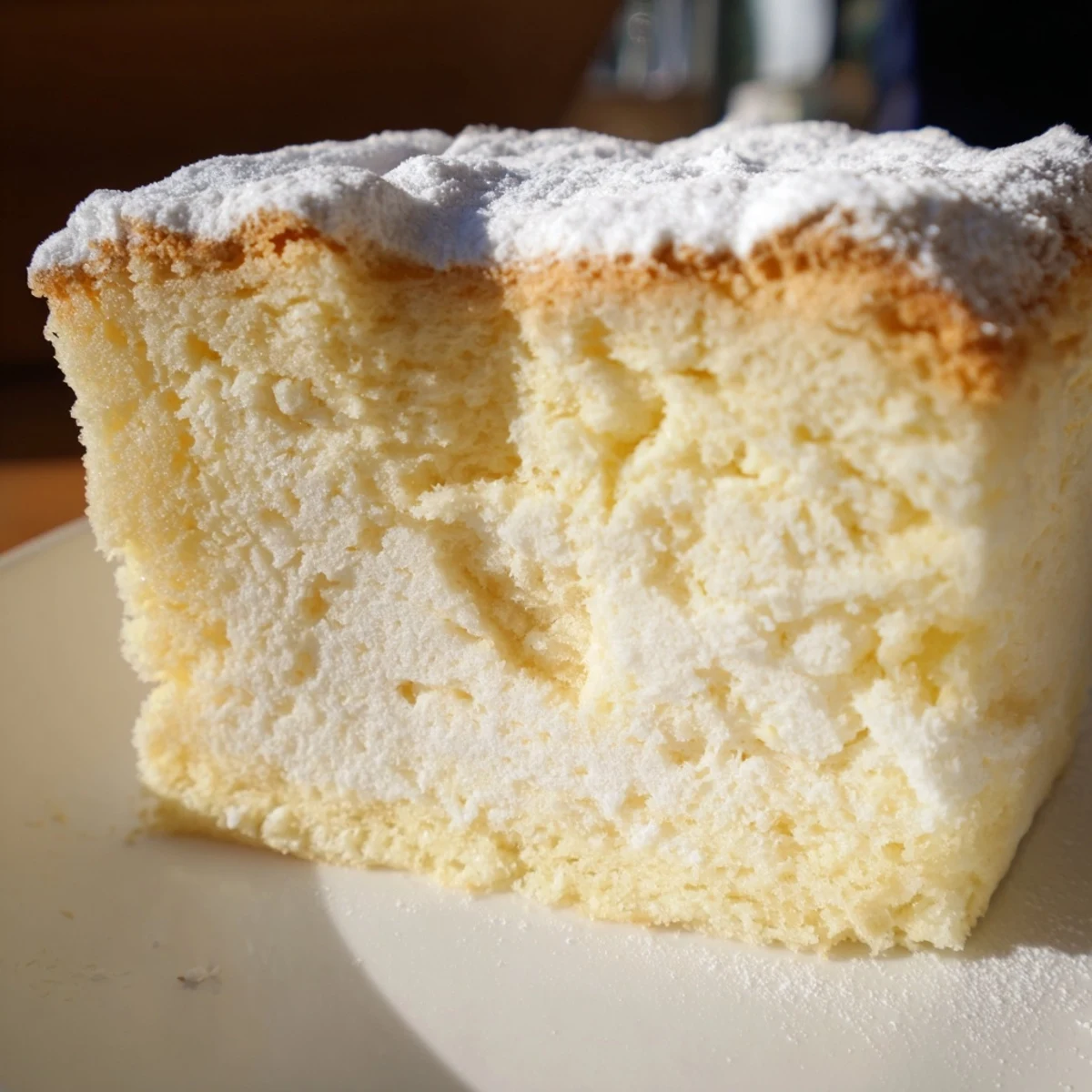 A slice of fluffy yogurt cloud cake dusted with powdered sugar on a white plate, with a side of fresh berries.