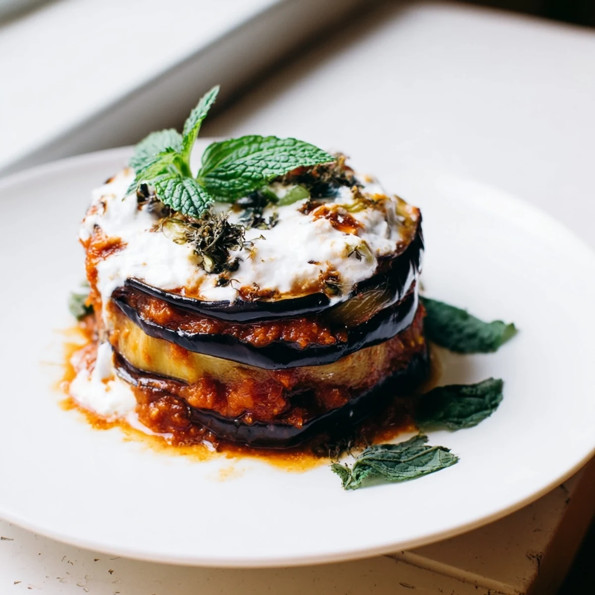 Golden fried eggplant rounds layered with spiced tomato sauce and creamy yogurt for Borani Banjan.