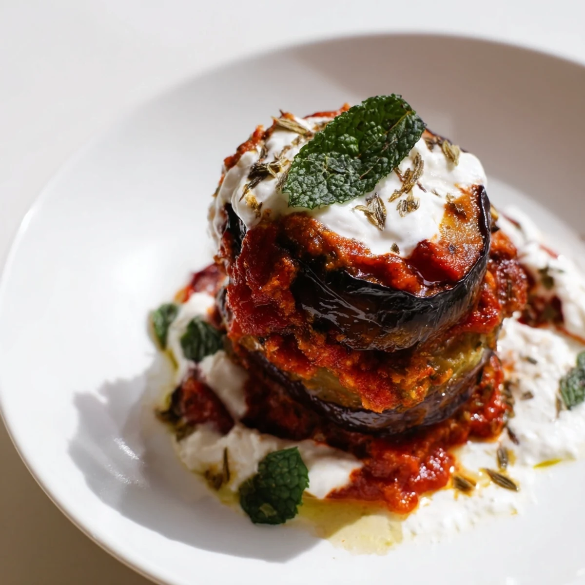 A close-up of Borani Banjan served with Afghan naan on a rustic wooden table.