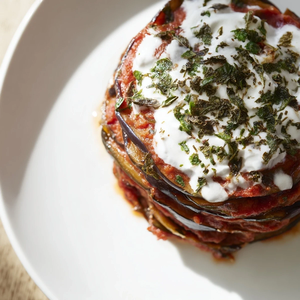 Colorful Borani Banjan garnished with dried mint and cilantro in a baking dish.