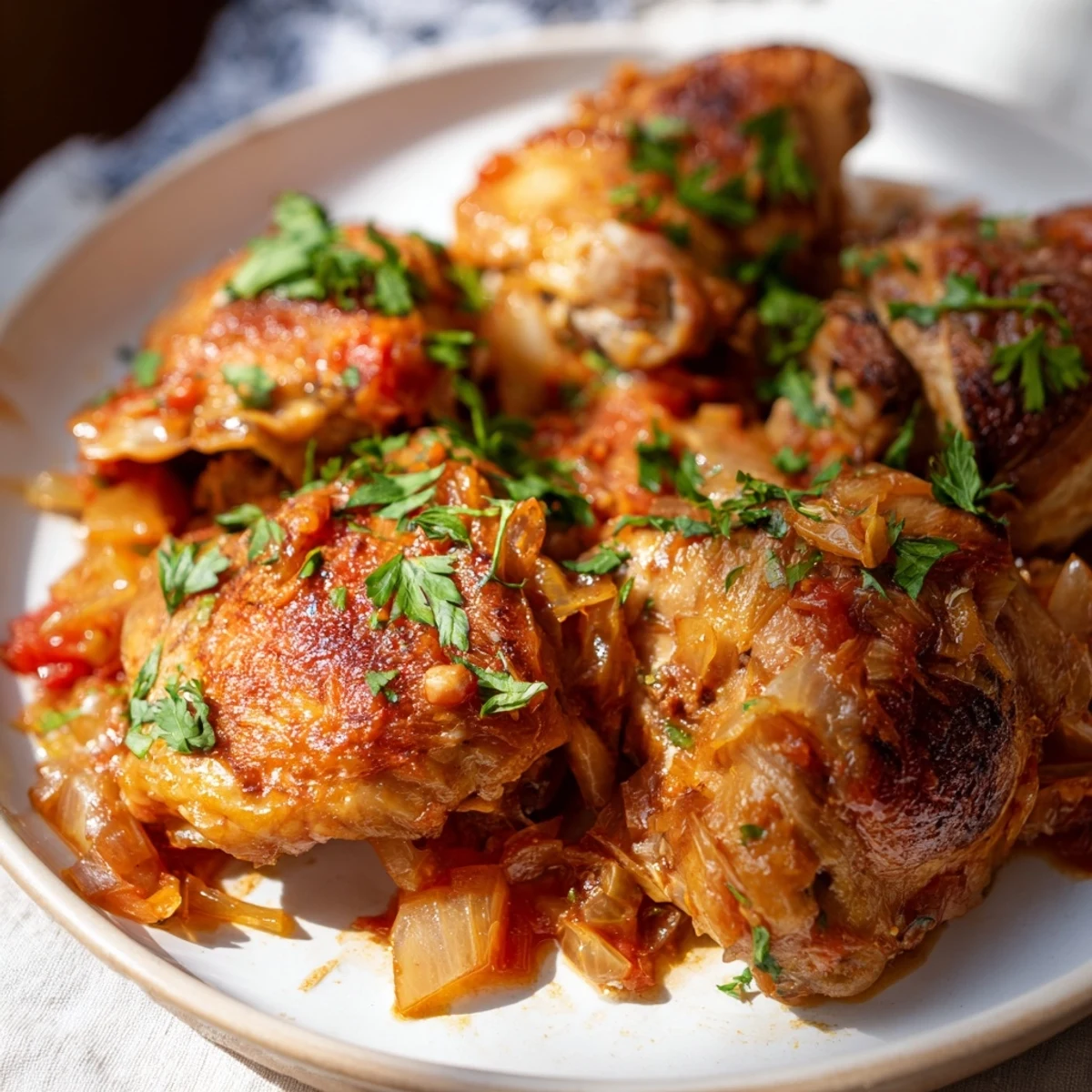 Golden-brown chicken thighs with a glossy Catalina dressing glaze are served in a skillet with caramelized onions and vibrant bell peppers.