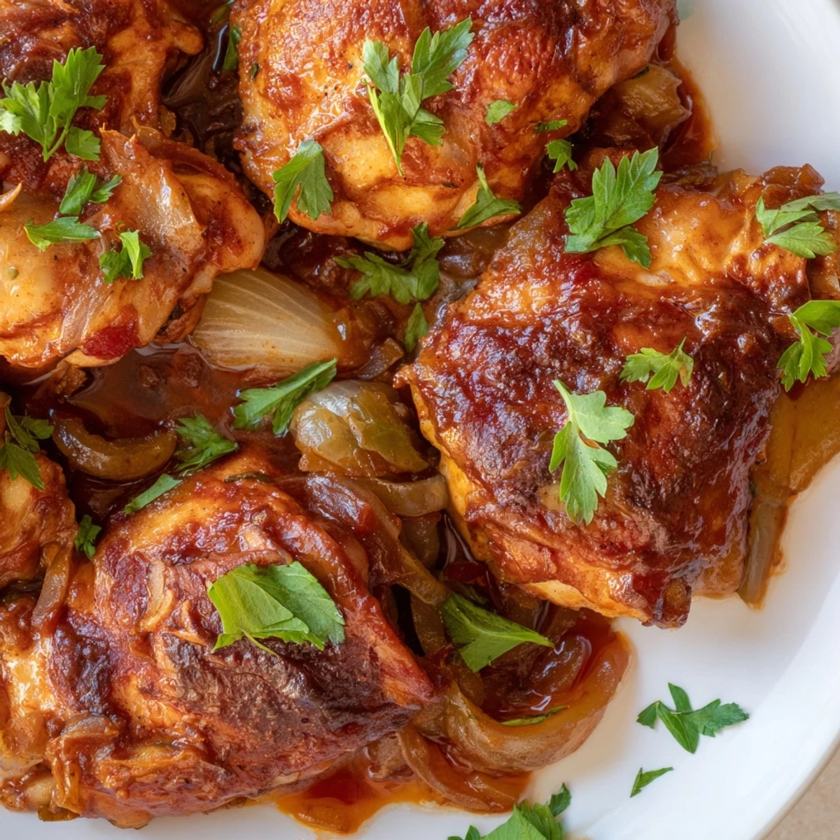 A close-up shows juicy, fall-off-the-bone Braised Catalina Chicken garnished with fresh parsley alongside roasted vegetables on a rustic wooden table.
