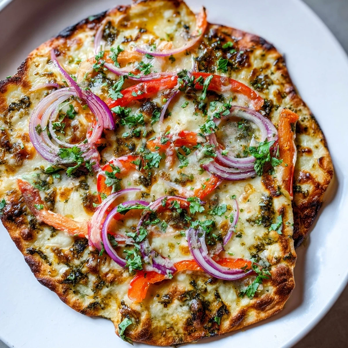 A close-up of Sweet Heat Honey Garlic Flatbread Pizza shows bubbling cheese and fresh cilantro garnish on a rustic wooden board.
