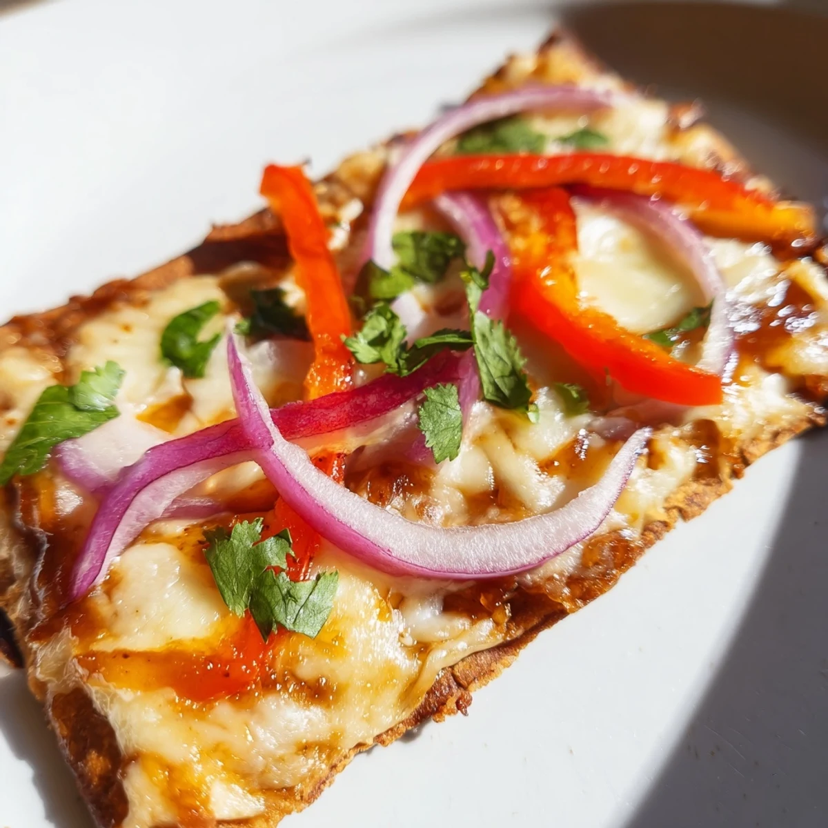 Golden-brown, crispy flatbread pizza topped with melty mozzarella, red onion, and sliced jalapeños drizzled with sweet heat honey garlic sauce.