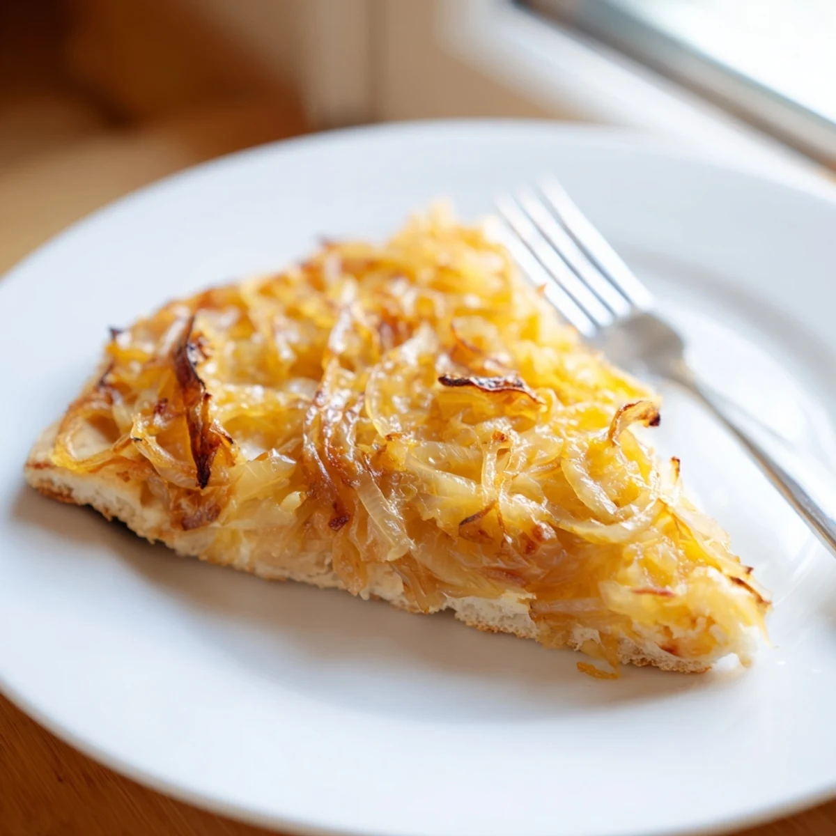 Golden-baked Caramelized Onion Pizza With Melty Cheese shows bubbling mozzarella on a rustic crust.