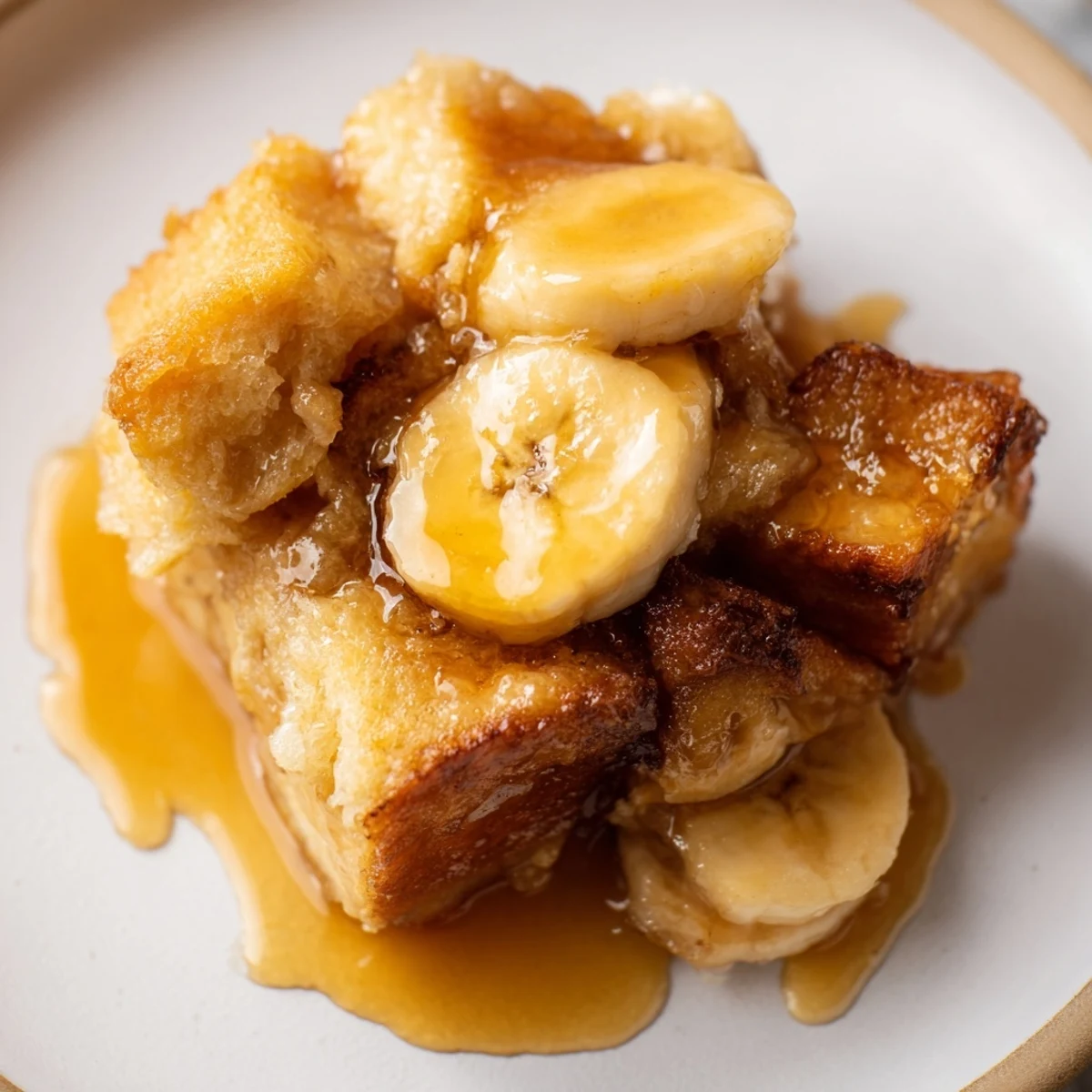Warm slices of Creamy Bananas Foster Bread Pudding drizzled with rum-butter caramel sauce.