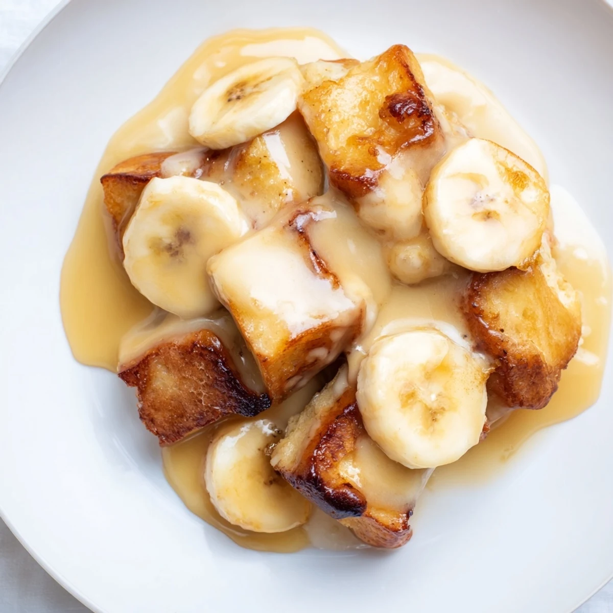 Golden brown Creamy Bananas Foster Bread Pudding served in a bowl with vanilla ice cream.