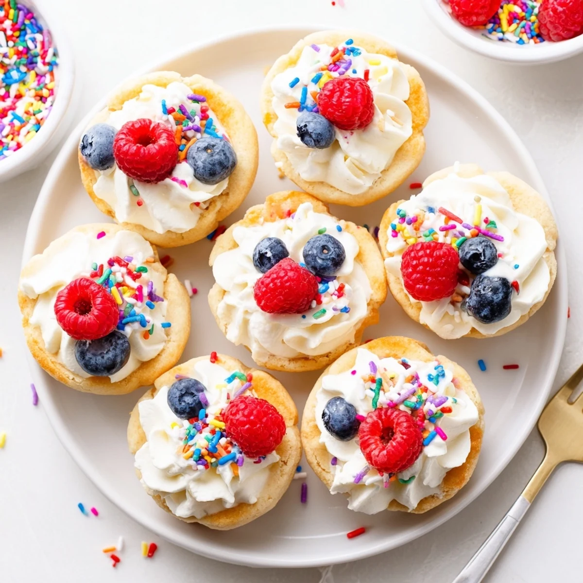Sugar Cookie Cups feature crisp-edged cookie shells filled with sweet whipped cream and blueberries, perfect for a colorful, bite-sized American treat.