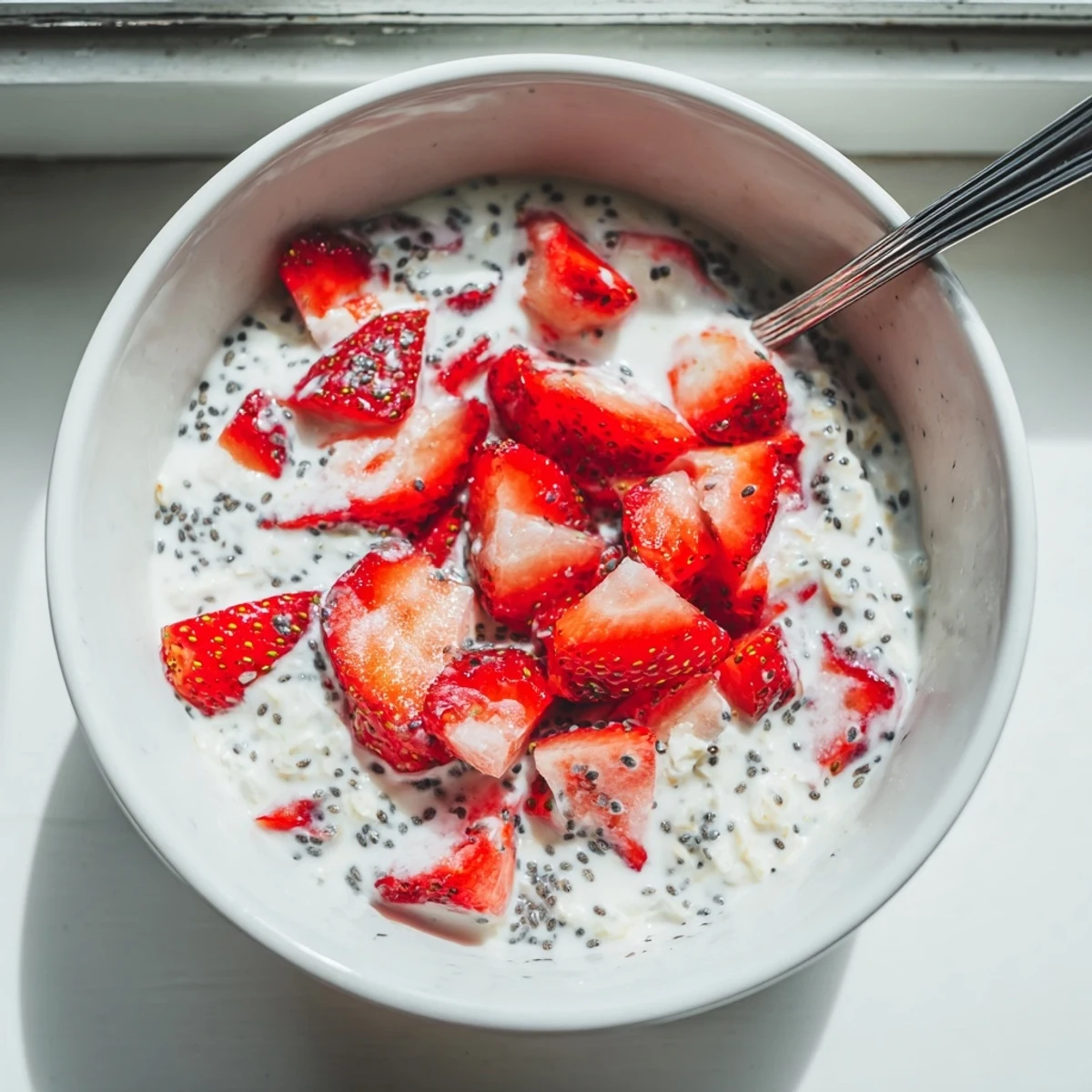 A jar of Strawberry Overnight Oats topped with fresh sliced berries and crunchy nuts for a healthy breakfast.