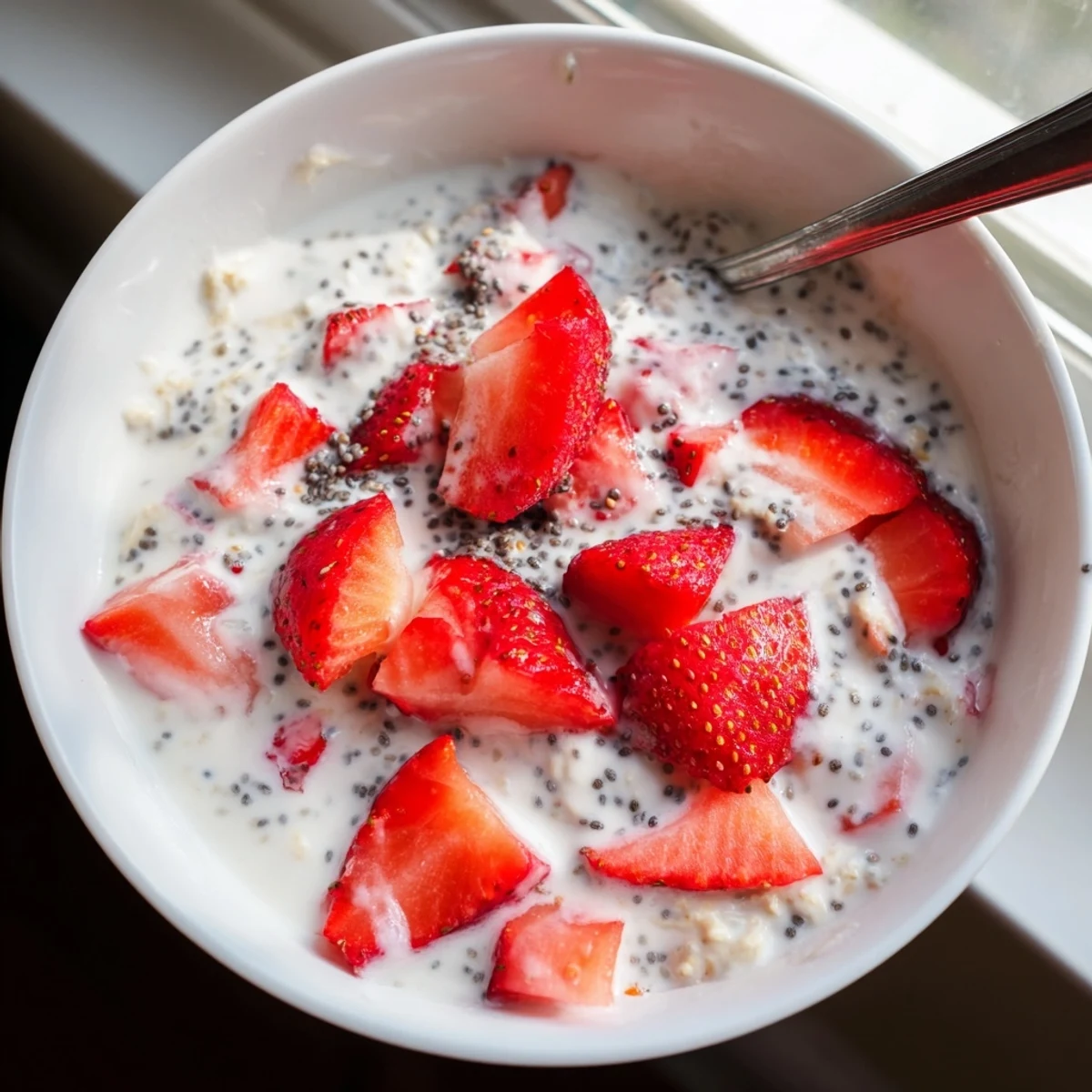 Strawberry Overnight Oats layered with creamy yogurt and chia seeds, served chilled in a glass jar.