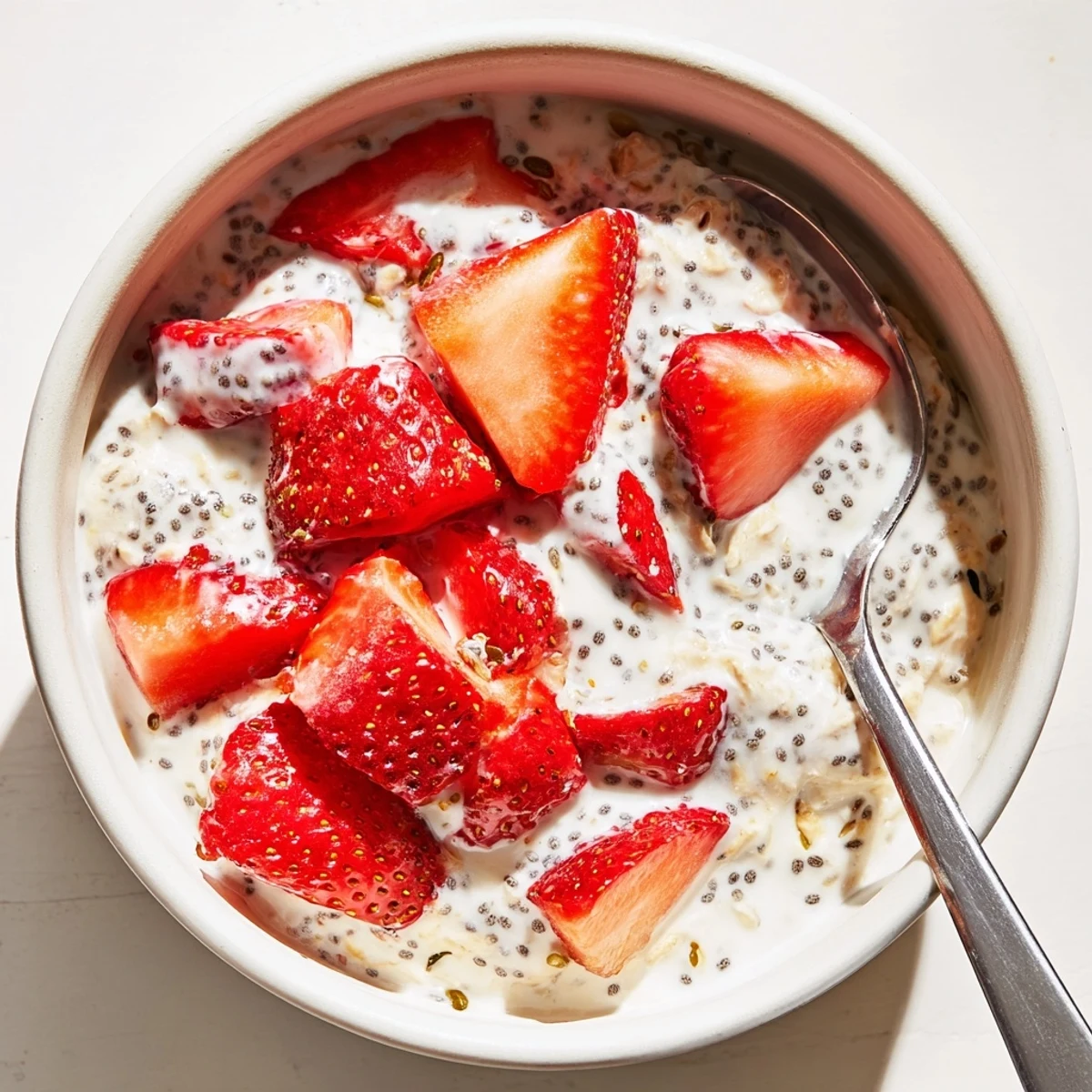 Close-up of Strawberry Overnight Oats with diced strawberries and a drizzle of honey for a sweet touch.