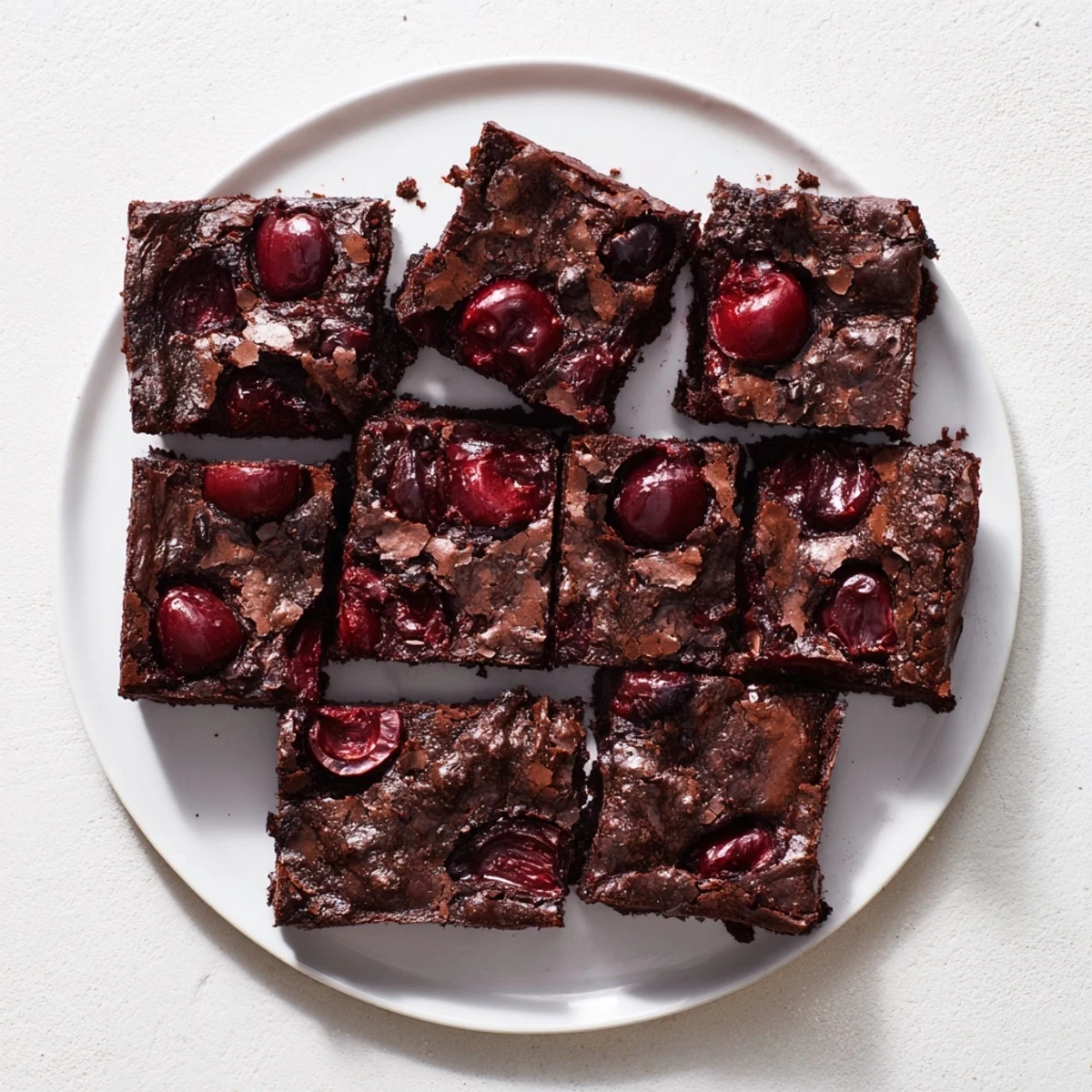 Fudgy roasted cherry brownies with glossy chocolate tops and juicy cherries on a dessert plate.