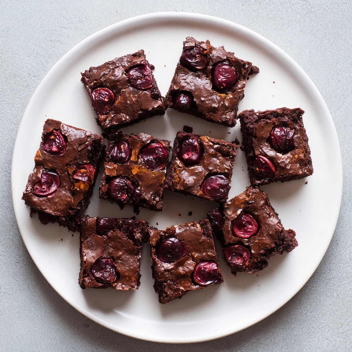 A square of roasted cherry brownies topped with roasted cherries, served with vanilla ice cream.