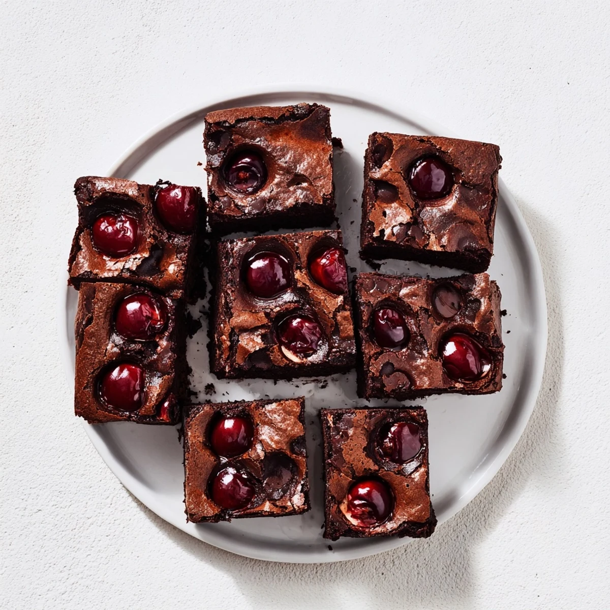 Warm roasted cherry brownies cut into squares, showing moist crumb and bright red cherry pieces.