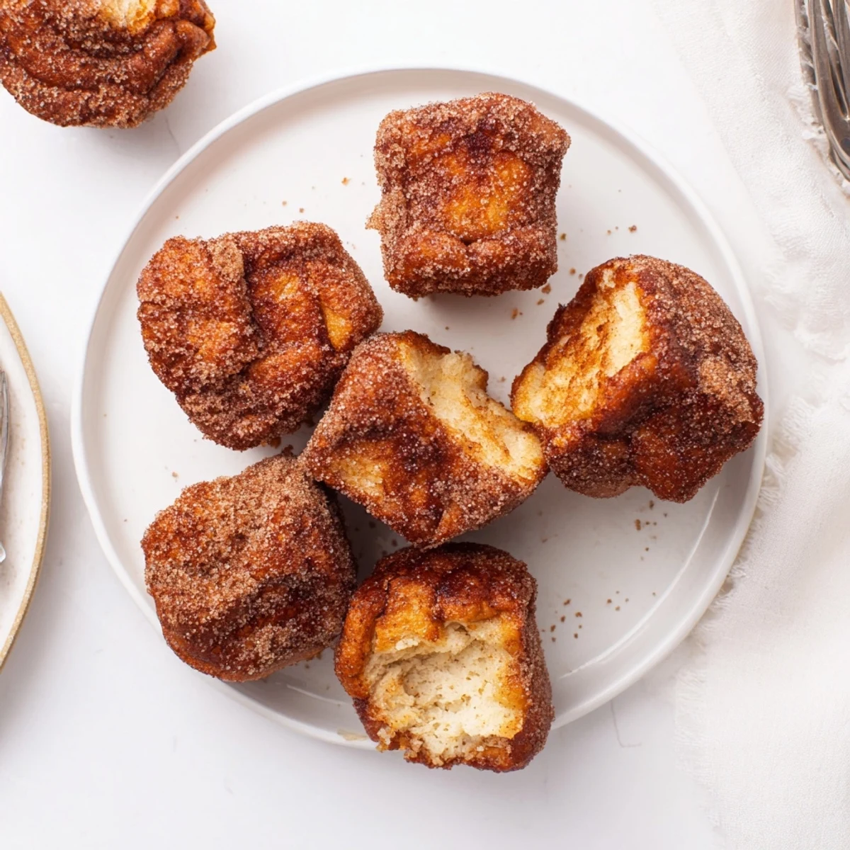 A close-up of Cinnamon Sugar French Toast Muffins, with golden-brown edges and a sparkling sugar crust, sitting on a rustic wooden board.