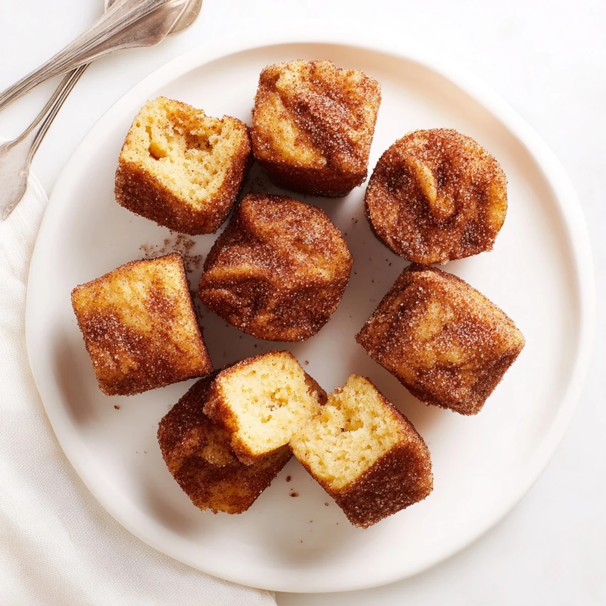 A plate of Cinnamon Sugar French Toast Muffins topped with fresh berries and a small pitcher of maple syrup for a sweet brunch treat.