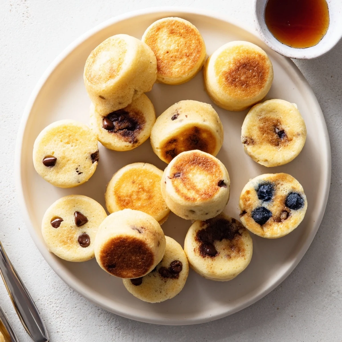 Fluffy golden pancake poppers in a mini muffin tin, ready for dipping in syrup or fruit preserves.
