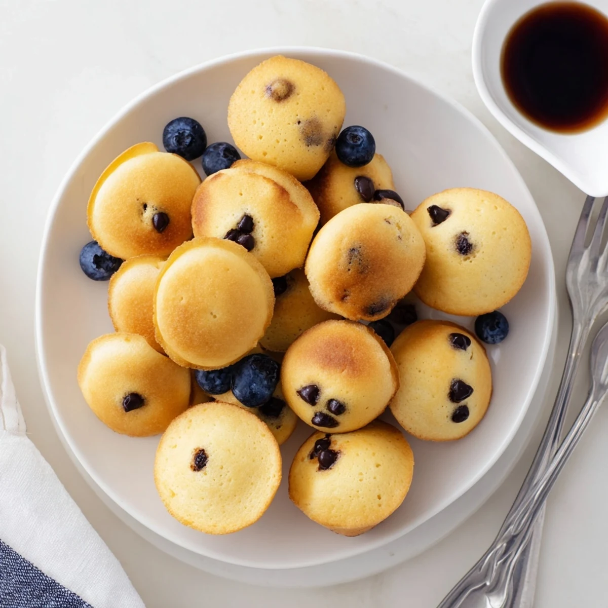 A close-up of baked pancake poppers, some with chocolate chips, arranged on a plate with maple syrup.