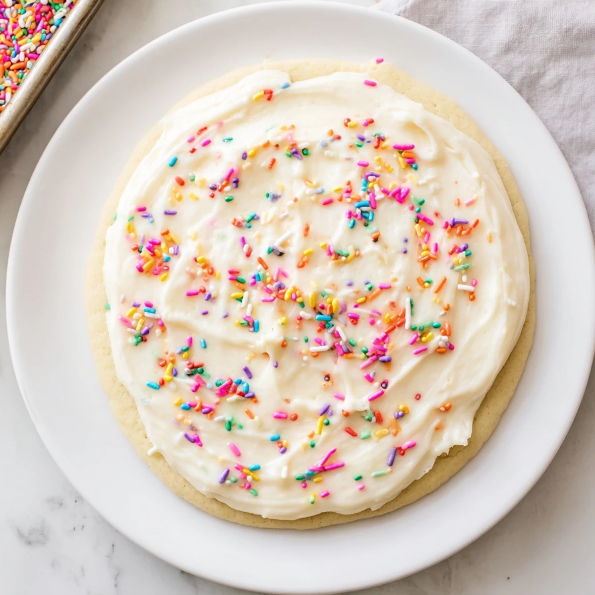 Close-up of Easy Sugar Cookie Frosting being spread on a round cookie with a small offset spatula.